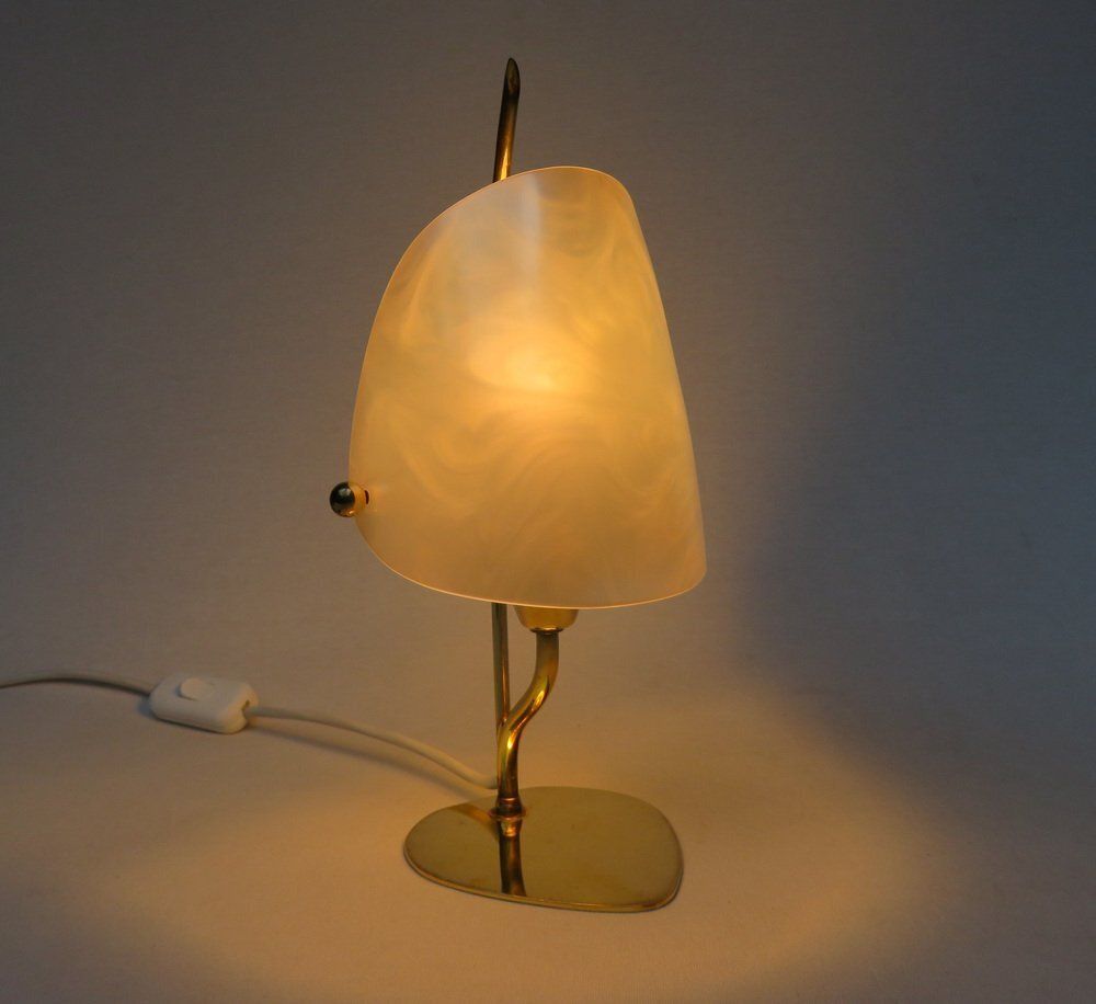 Bedside Table Lamps In Brass And Pearl Colored Acrylic Glass From Wkr Lamps, 1950s, Set Of 2 photo Lighting
