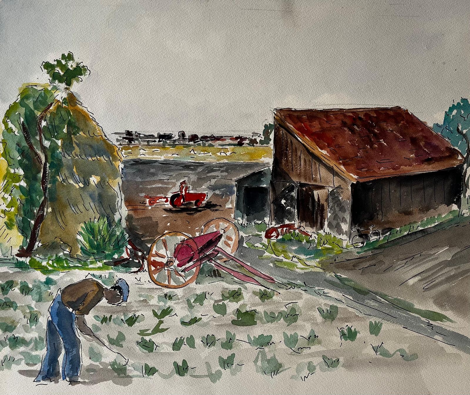 Guy Nicod Farmyard Scene With Barn And Farmer French Modernist Rural Landscape Gouache