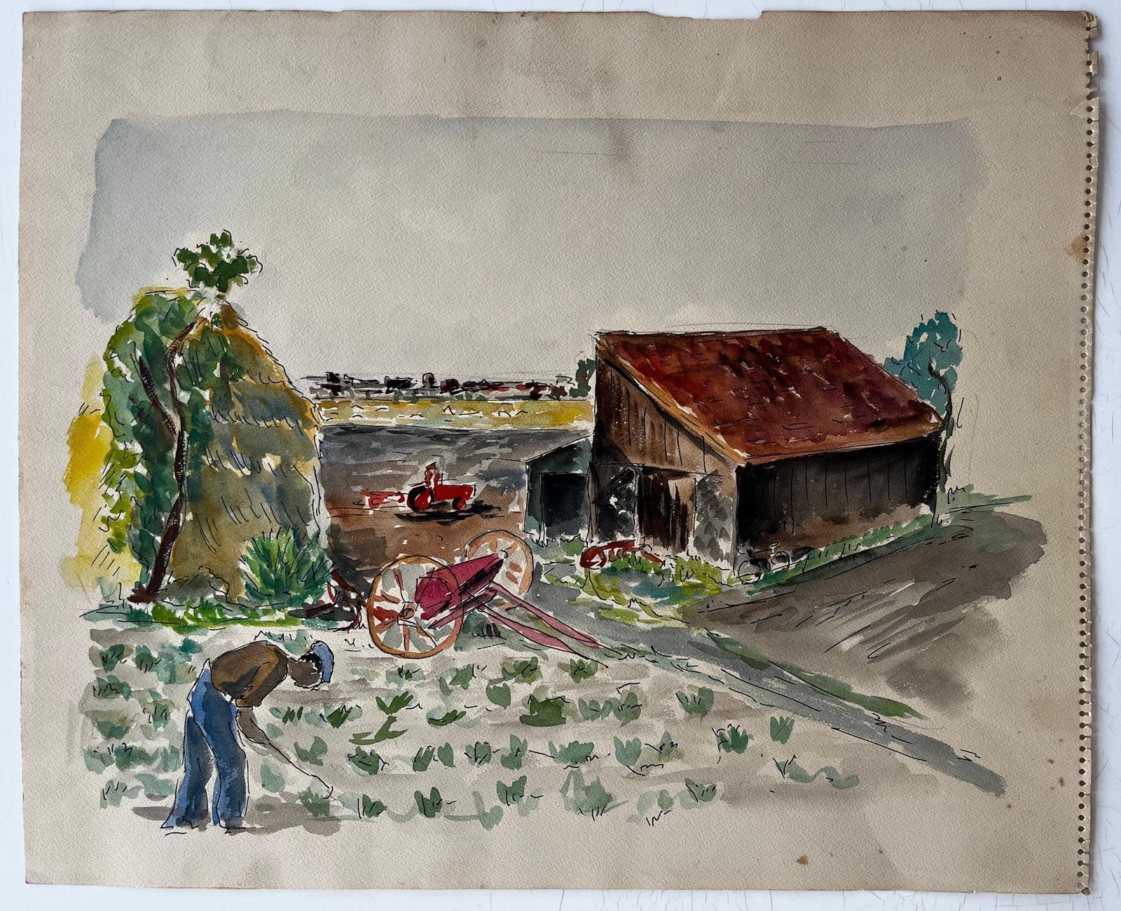 Guy Nicod Farmyard Scene With Barn And Farmer French Modernist Rural Landscape Gouache photo furniture