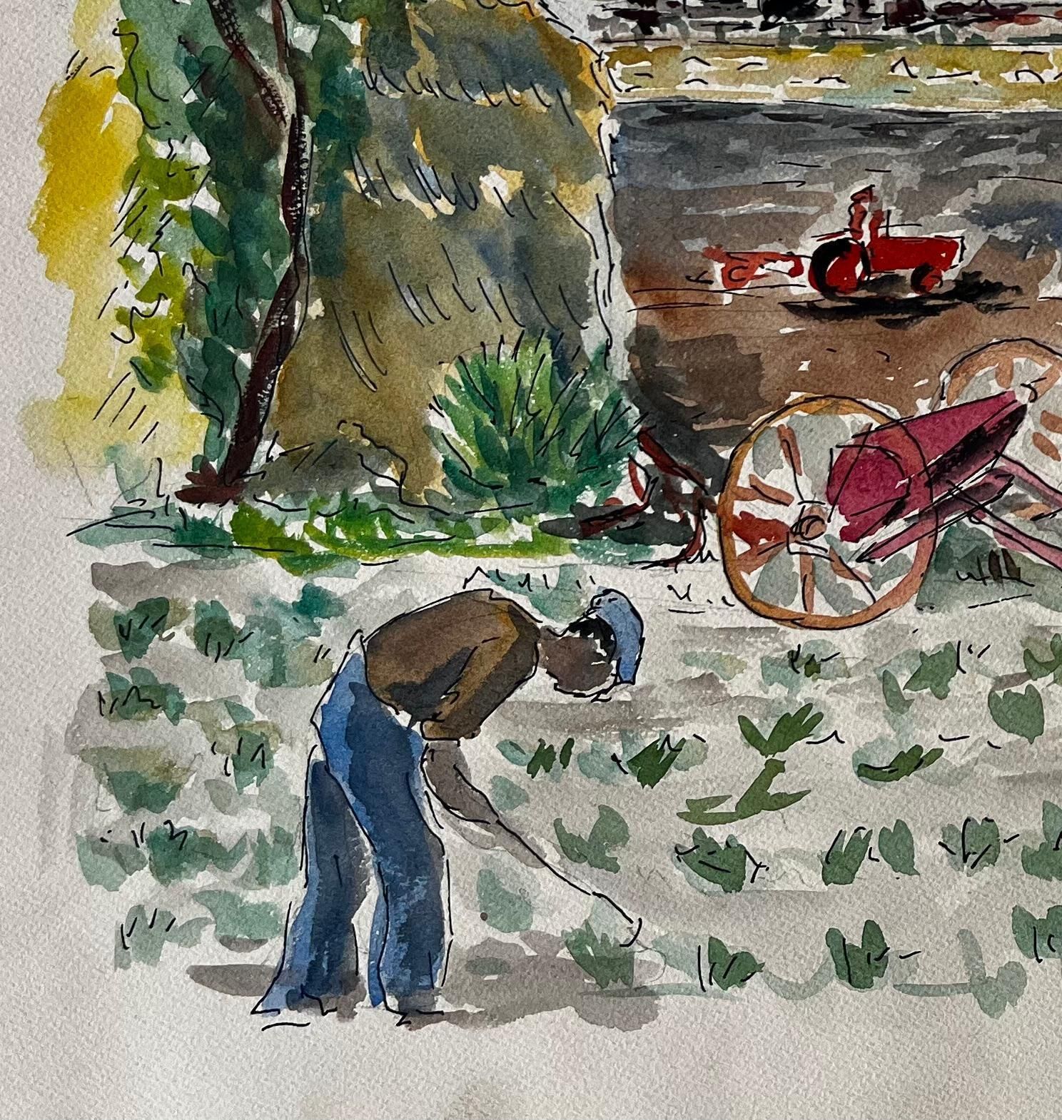 Guy Nicod Farmyard Scene With Barn And Farmer French Modernist Rural Landscape Gouache photo for sale