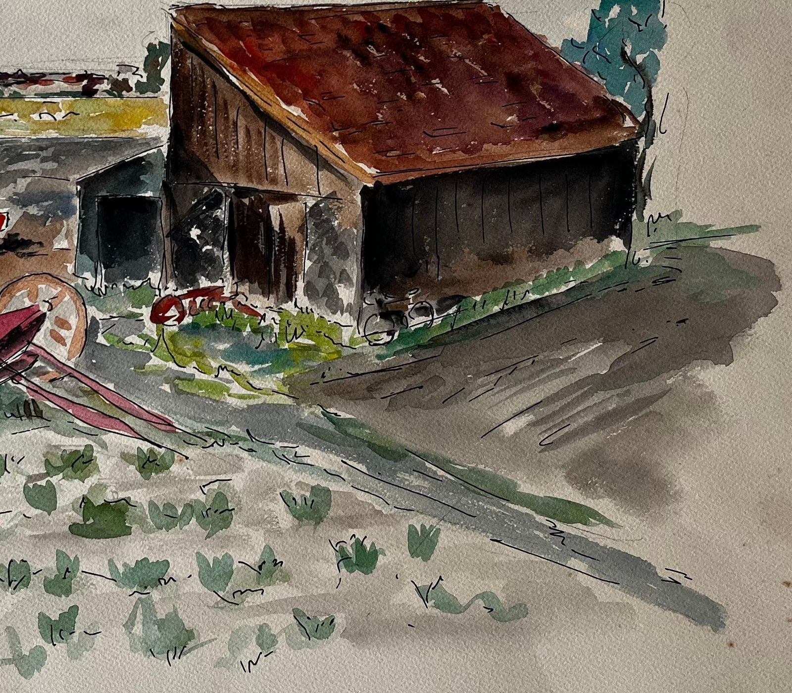 Guy Nicod Farmyard Scene With Barn And Farmer French Modernist Rural Landscape Gouache photo 505.0