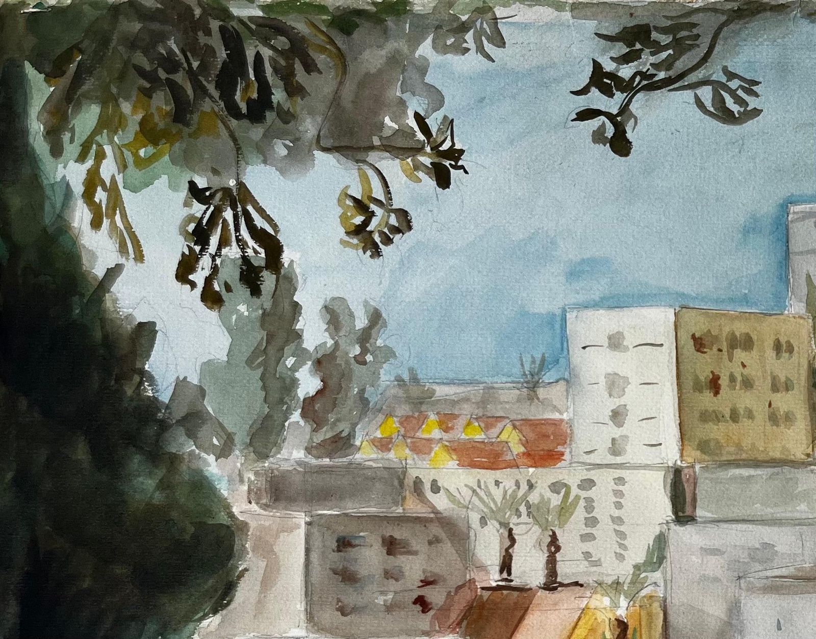 Guy Nicod Cityscape With Palm Trees And Modernist Architecture Gouache French Landscape photo vinterior