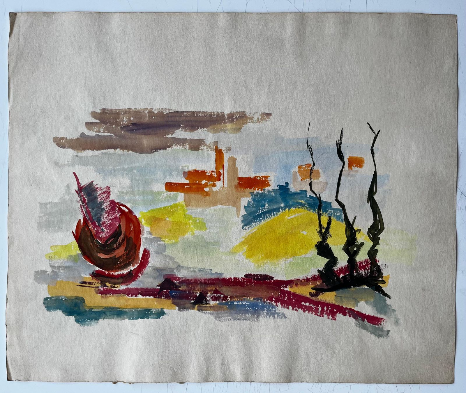 Guy Nicod Abstract Landscape With Red Form And Cypress French Modernist Gouache photo furniture