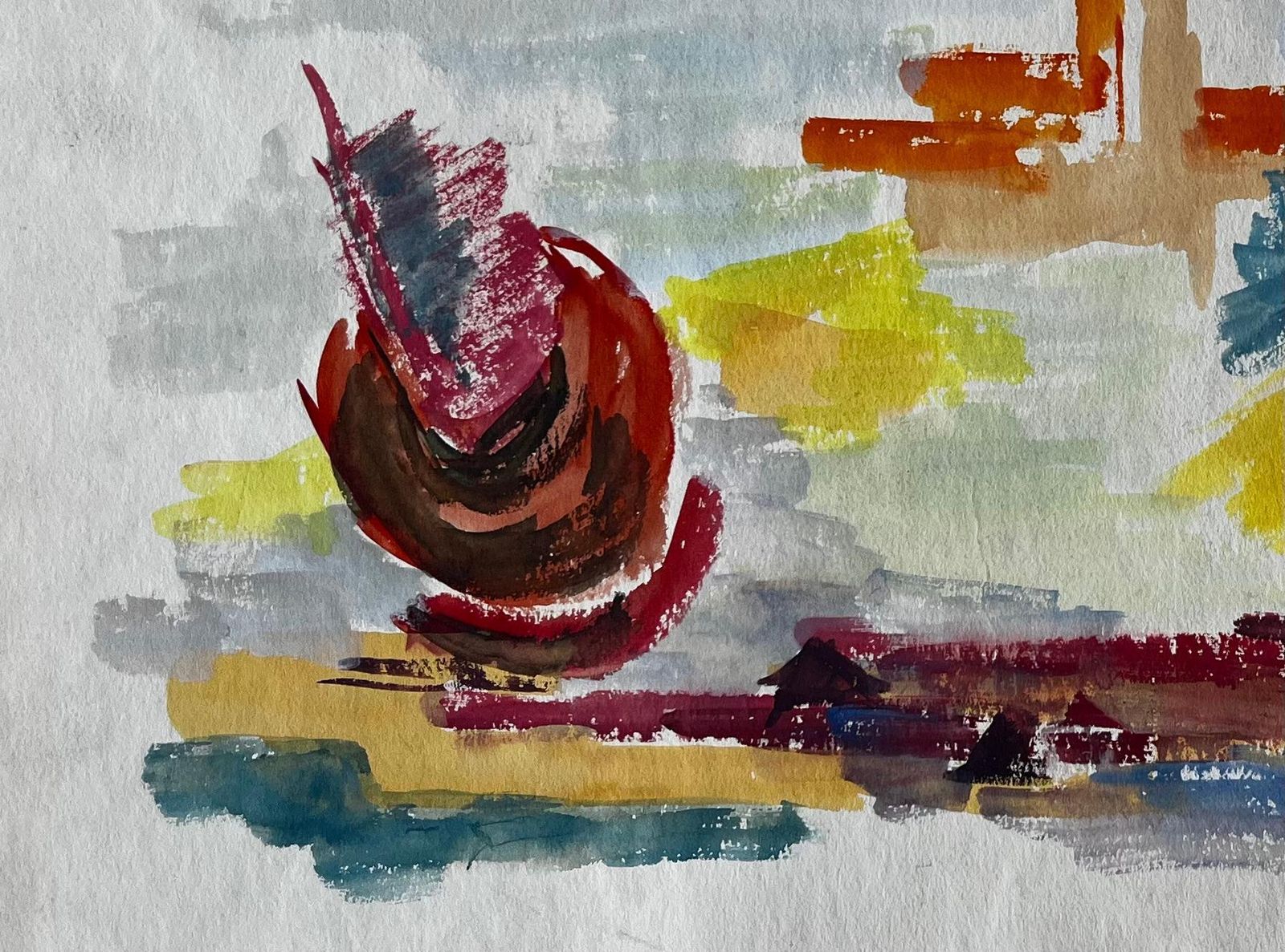 Guy Nicod Abstract Landscape With Red Form And Cypress French Modernist Gouache photo Art