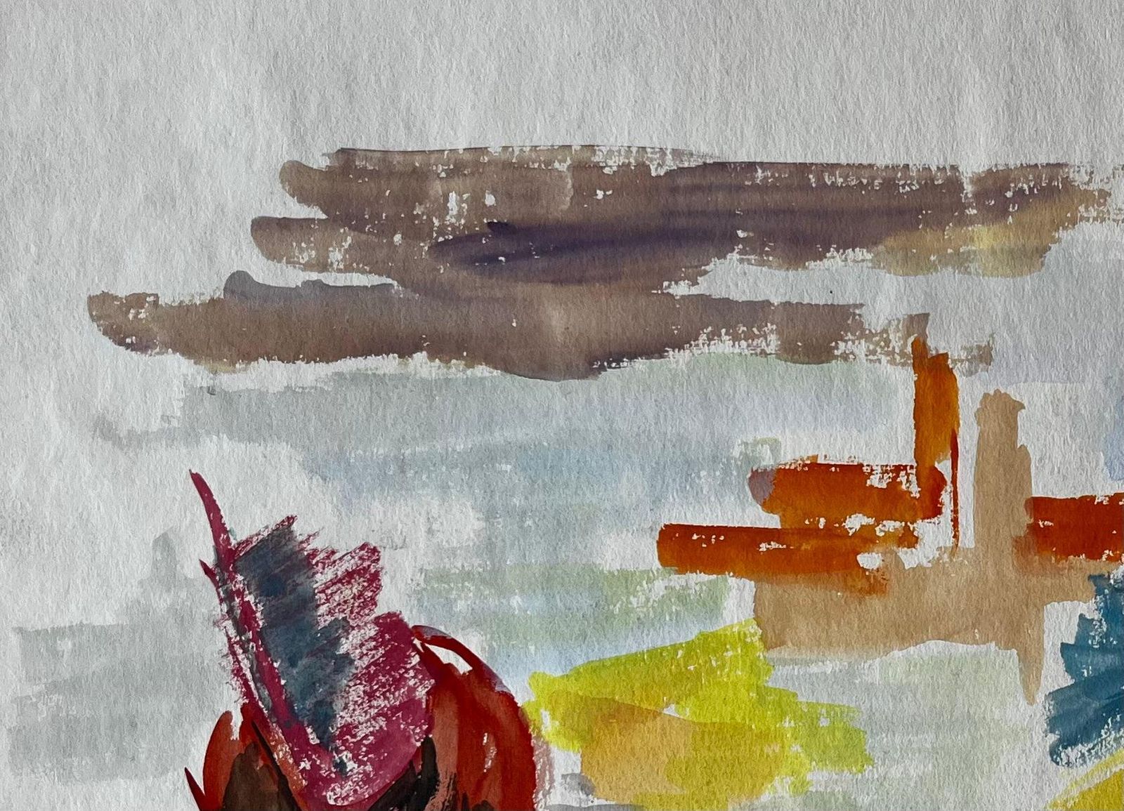 Guy Nicod Abstract Landscape With Red Form And Cypress French Modernist Gouache photo 465.0