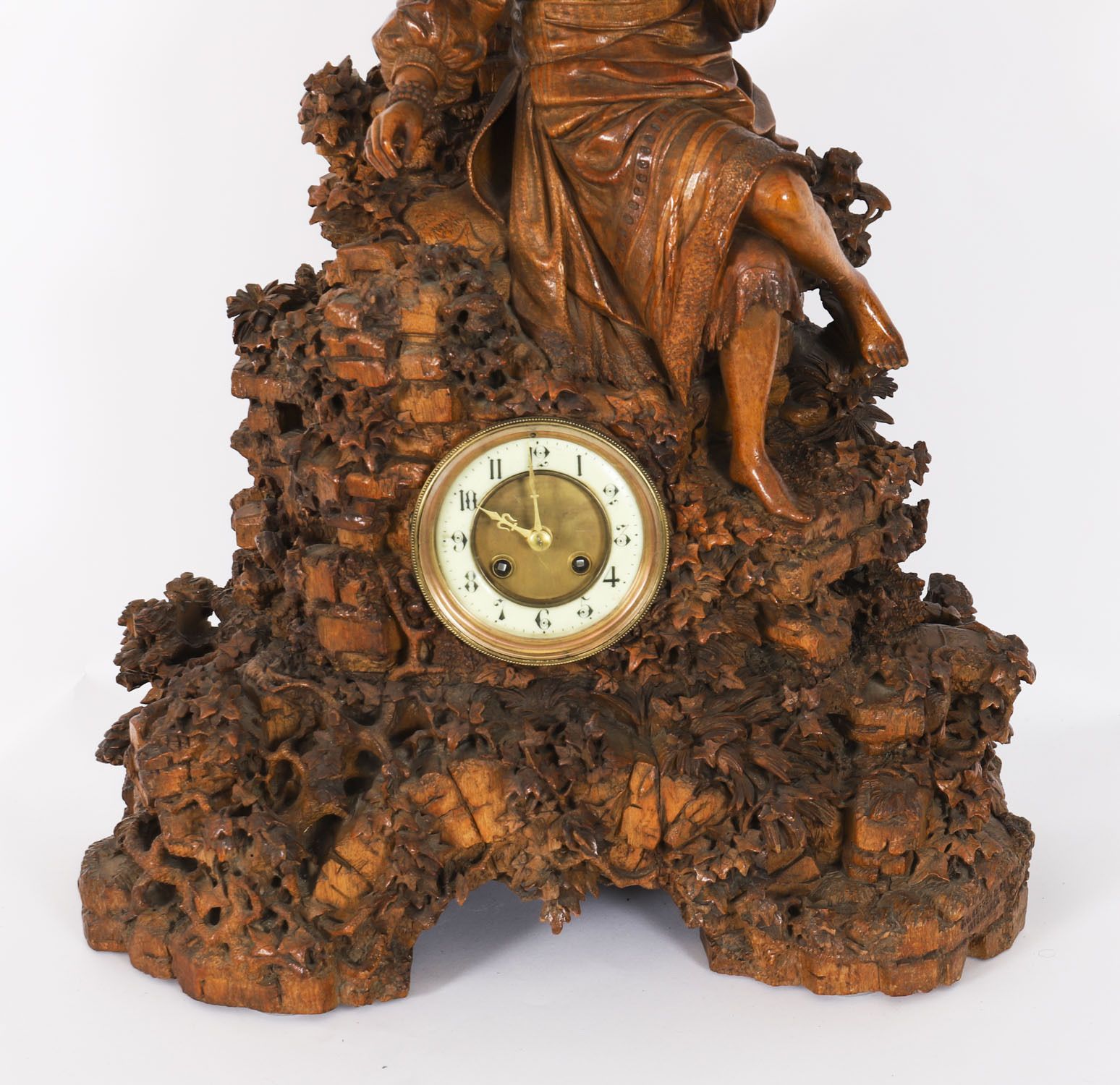 Antique Swiss 'Black Forest' Carved Linden Wood Clock By Bergen & Co 19th C photo vintage