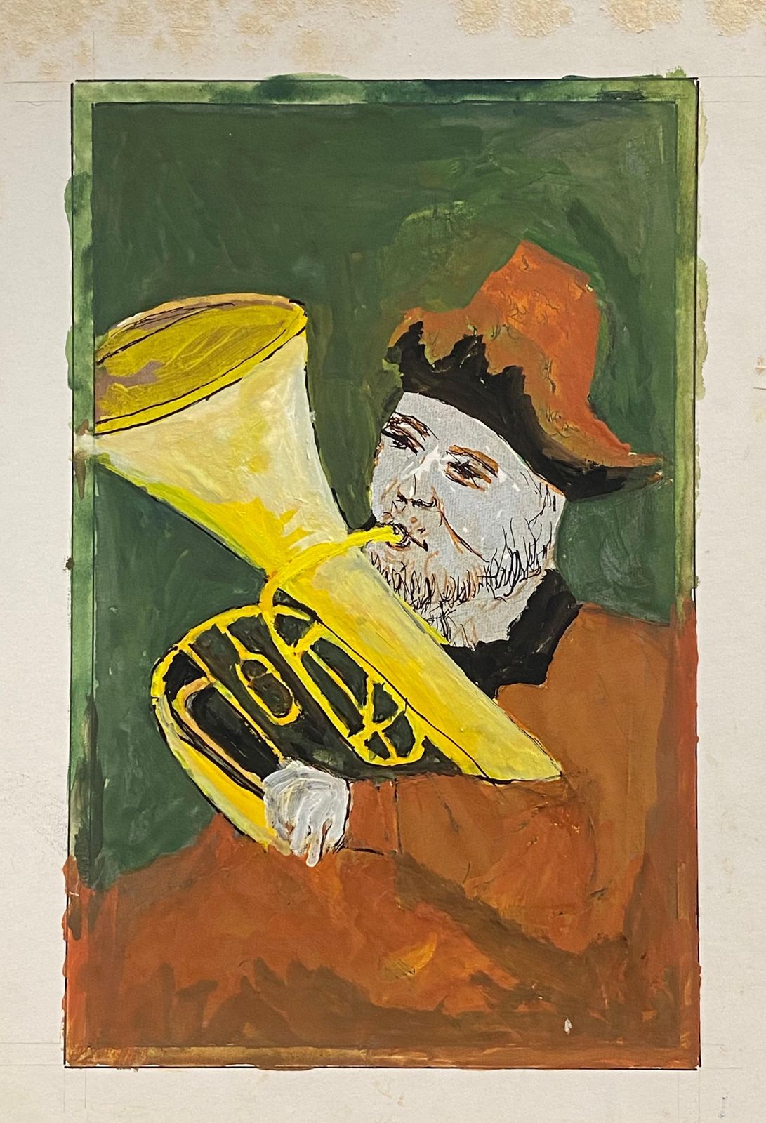 Unknown 1950's French Modernist/ Cubist Painting, Man Playing Tuba 1950s photo for sale