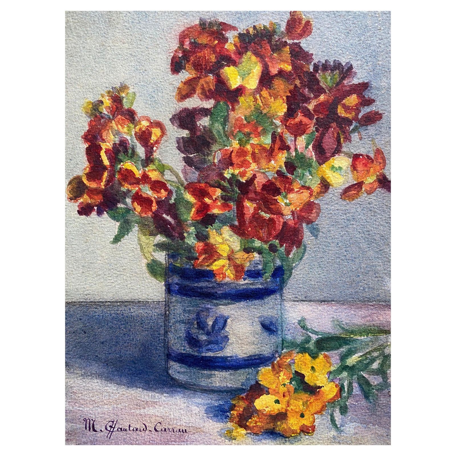 Early 1900's French Impressionist Signed Flower Watercolour By Marie Carreau Circa 1900s