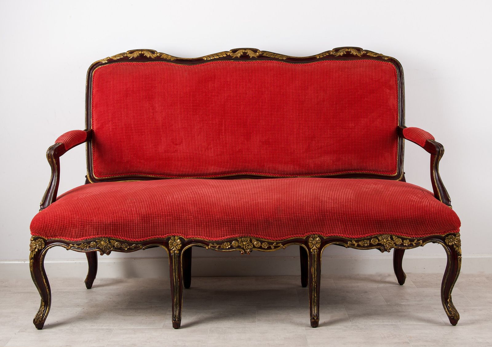 1920s Faux Rosewood & Gilt Painted Settee   Red Upholstery, Louis Revival Style