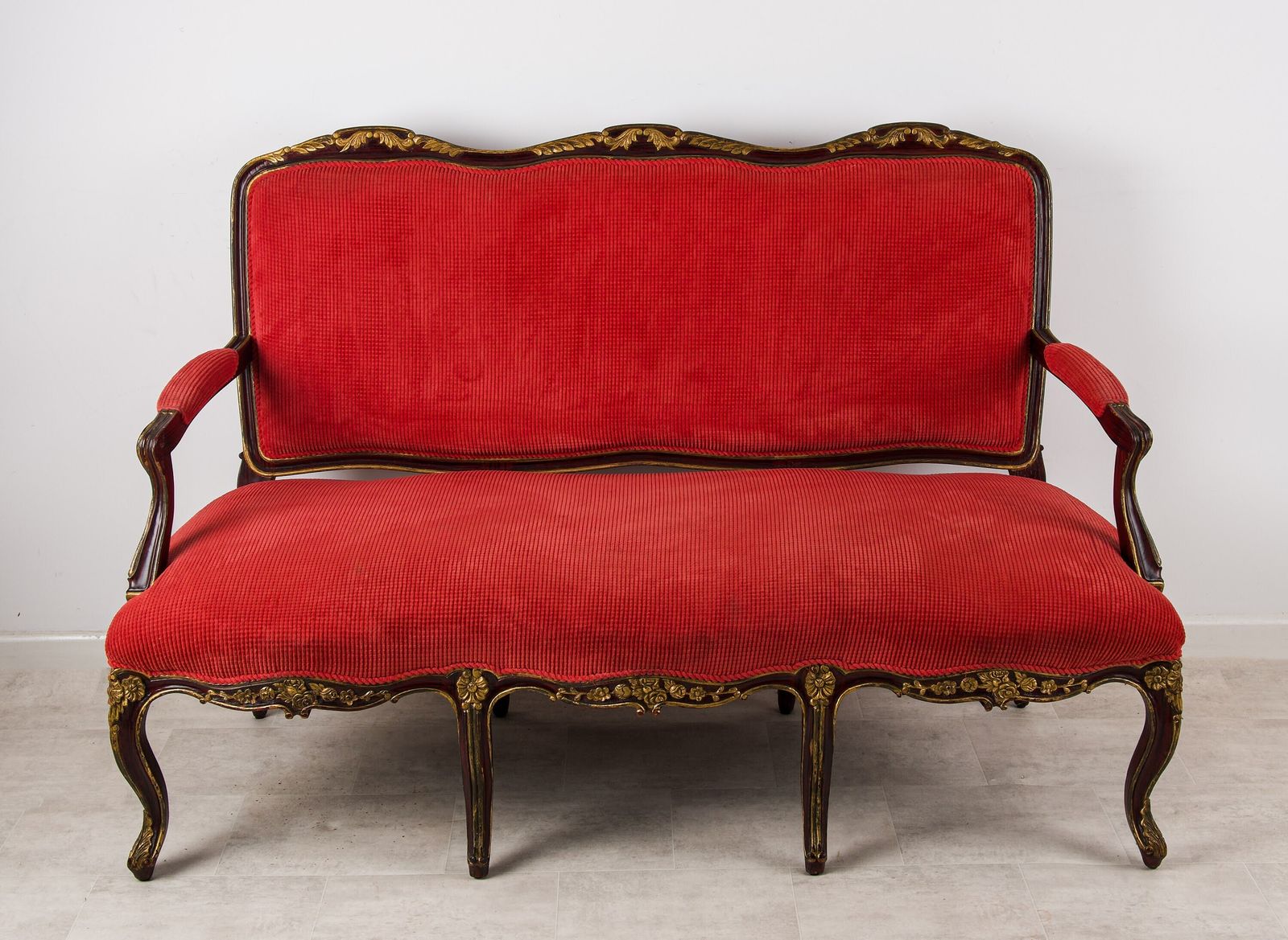 1920s Faux Rosewood & Gilt Painted Settee   Red Upholstery, Louis Revival Style photo Furniture
