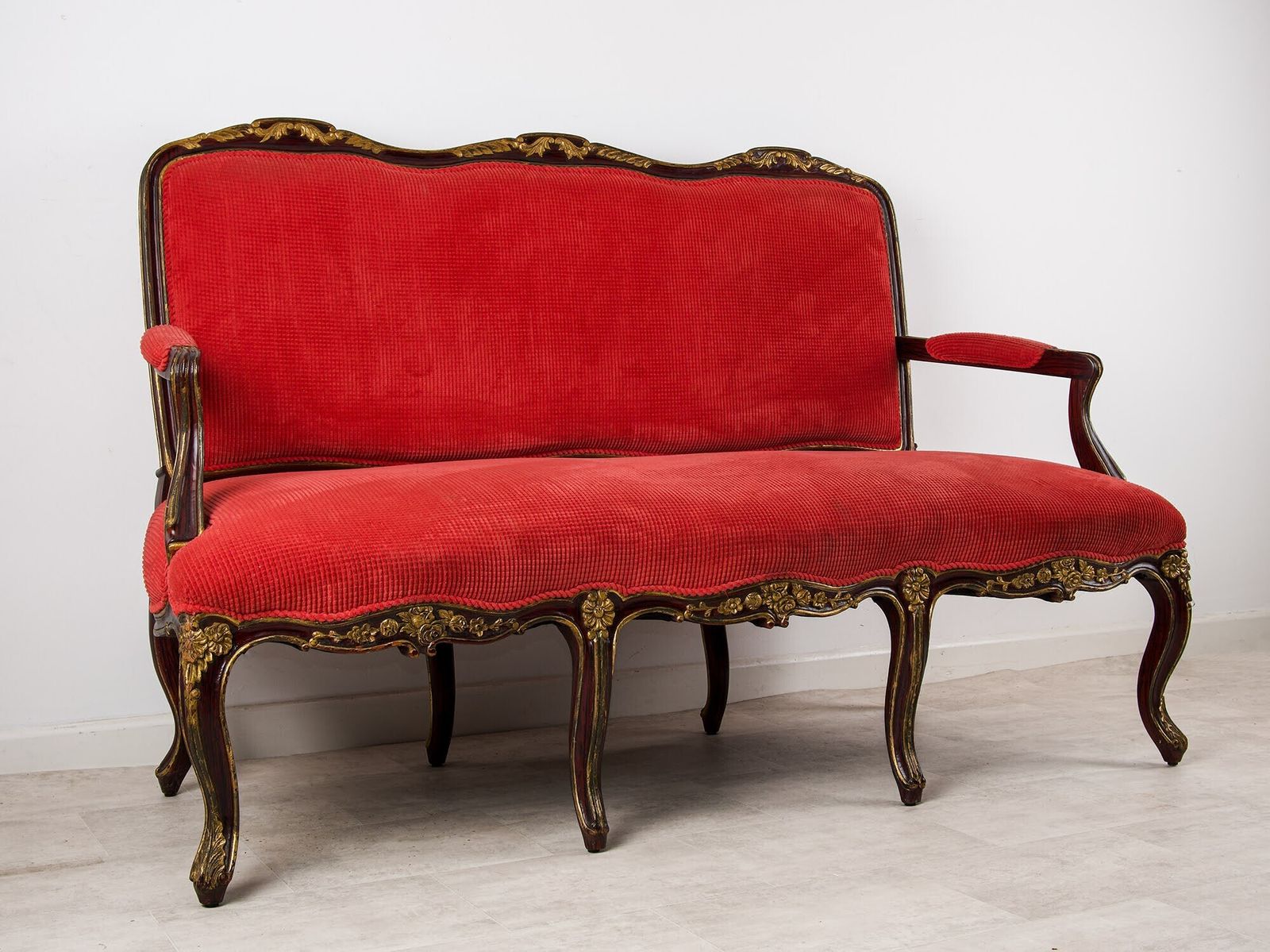 1920s Faux Rosewood & Gilt Painted Settee   Red Upholstery, Louis Revival Style photo 950.0