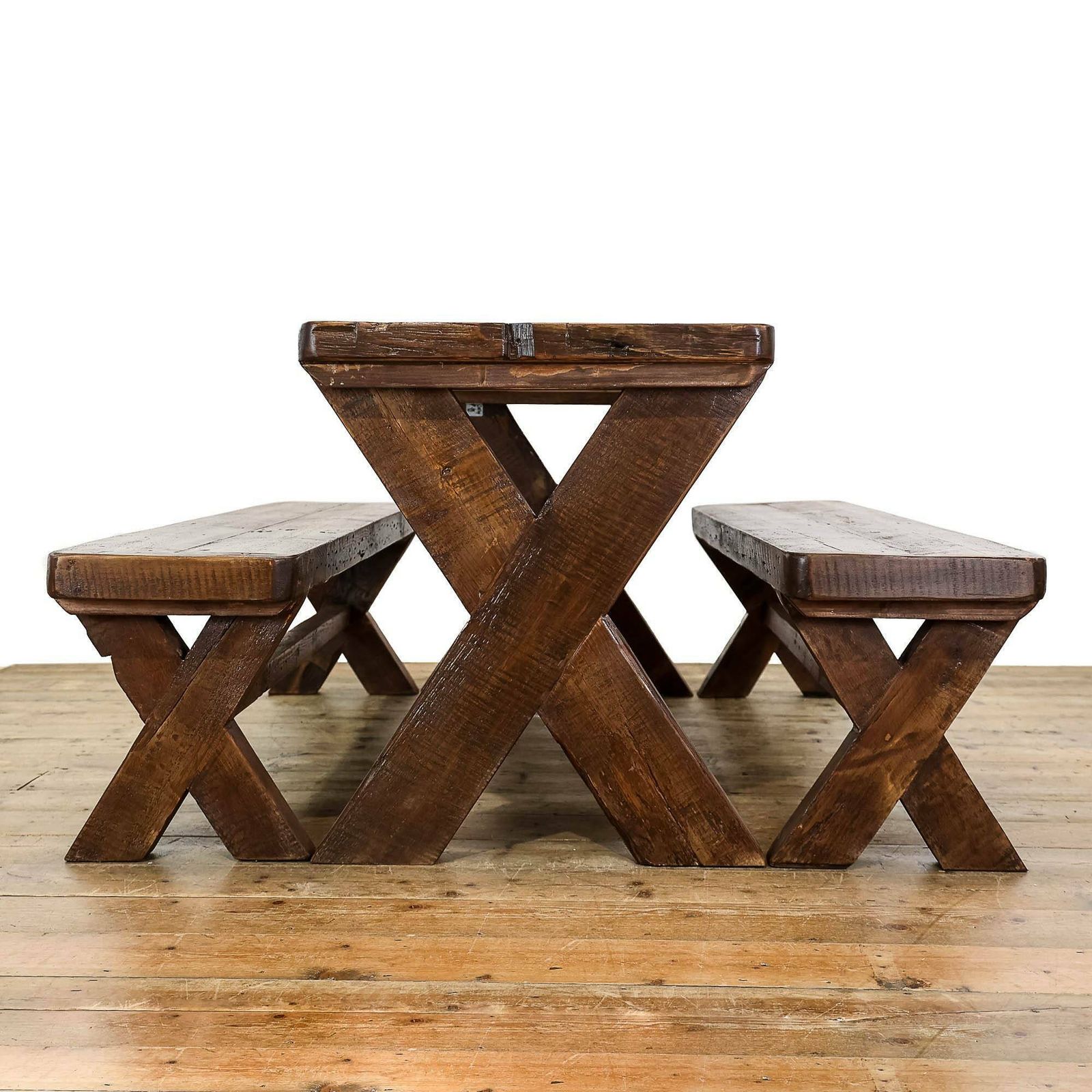 Rustic Table With Benches Set | Reclaimed | Large Wooden Tables | Farmhouse Furniture photo for sale