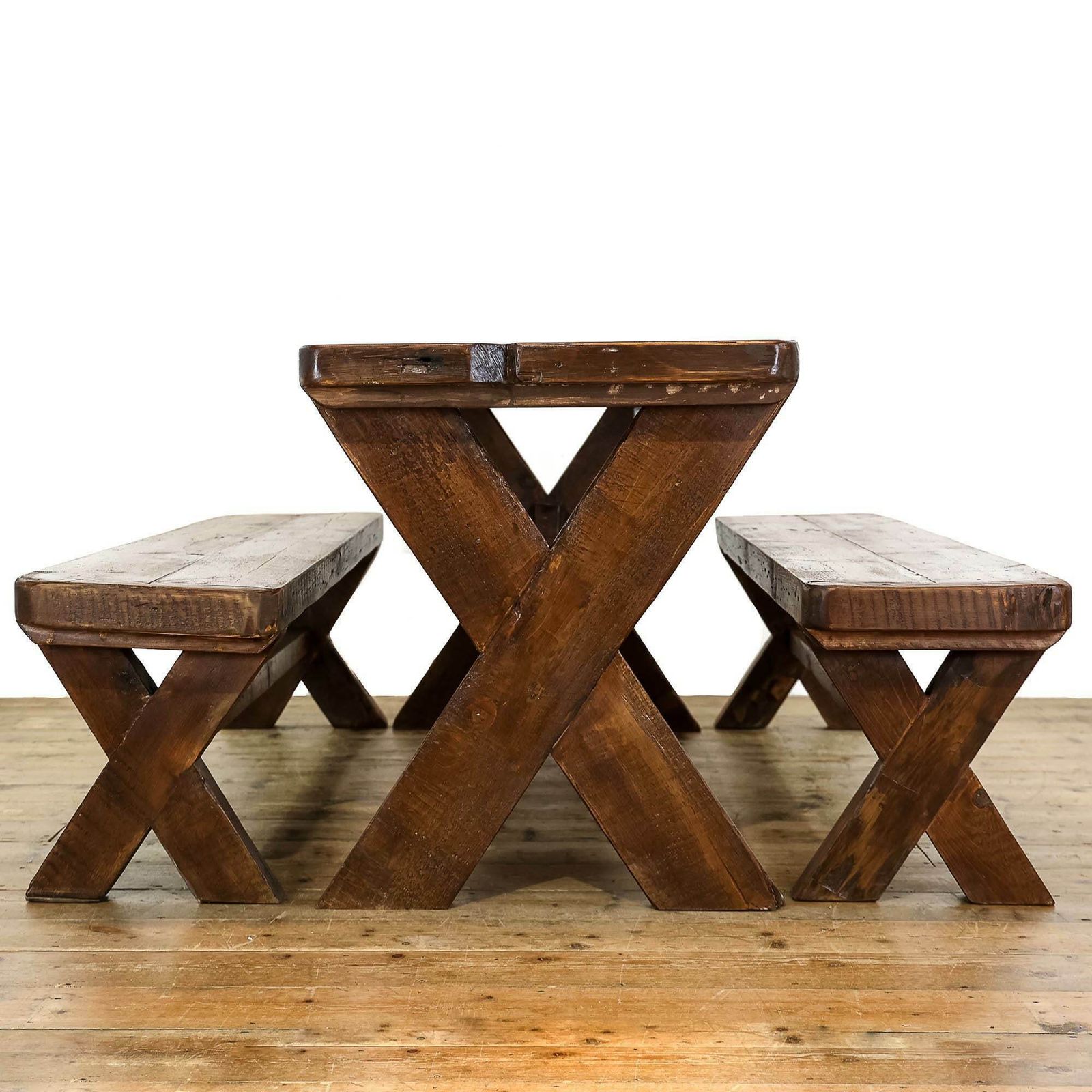 Rustic Table With Benches Set | Reclaimed | Large Wooden Tables | Farmhouse Furniture photo vinterior