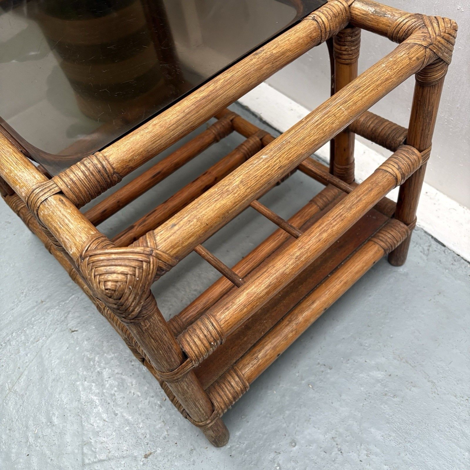 1970s French Boho Bamboo Drinks Side Table With Smoked Glass Magazine Rack photo furniture
