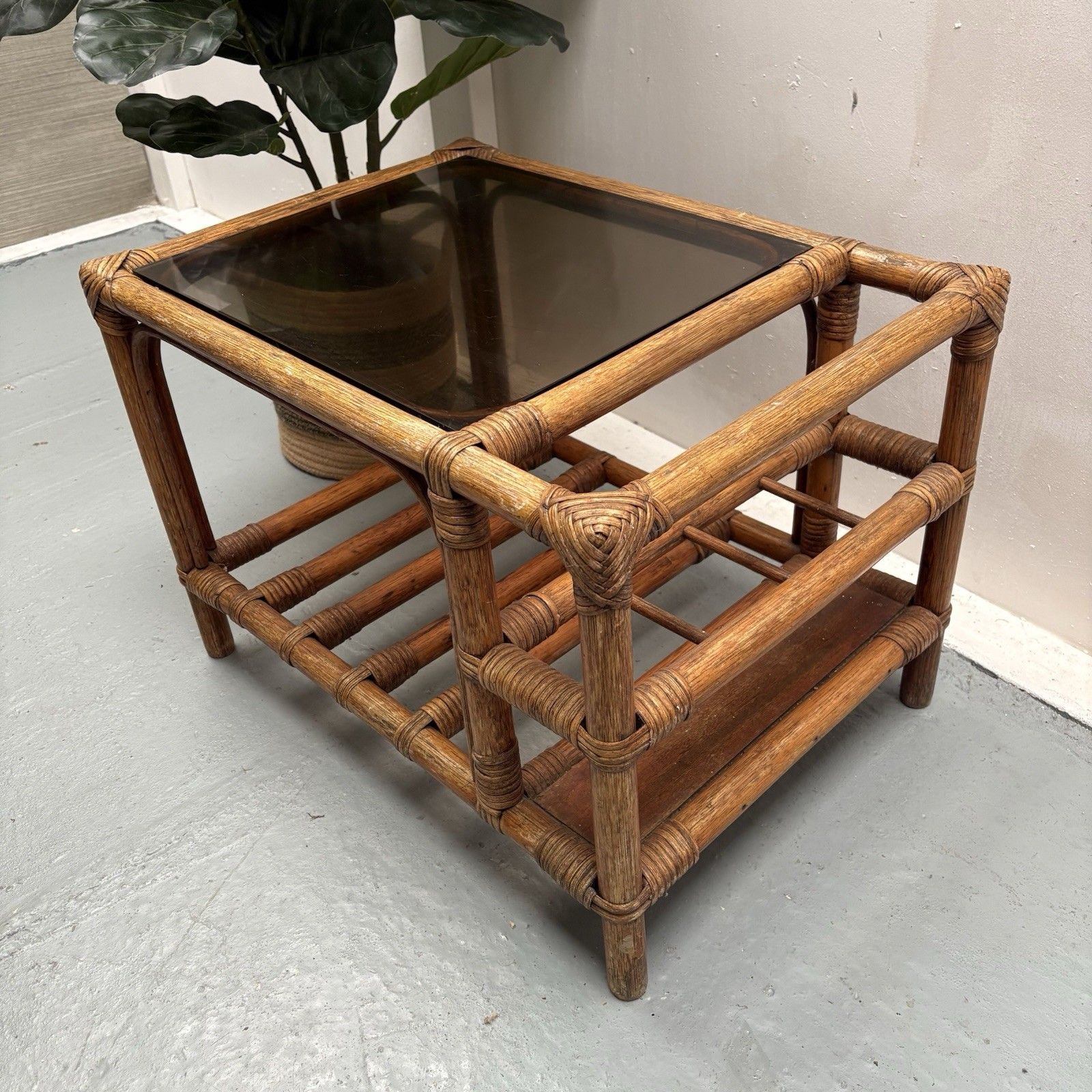 1970s French Boho Bamboo Drinks Side Table With Smoked Glass Magazine Rack photo Furniture