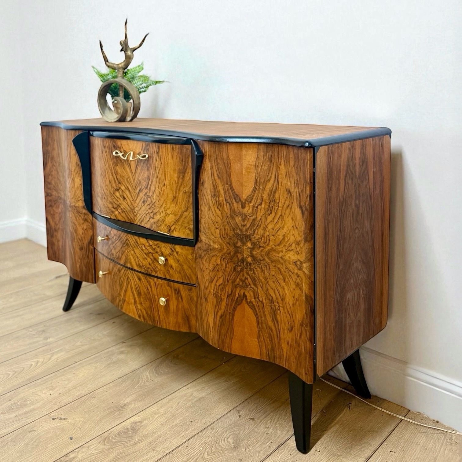 Refinished Walnut Art Deco Stonehill Cocktail Cabinet In Black, Hand Painted, Drinks, Gin Bar, Burr Walnut photo furniture