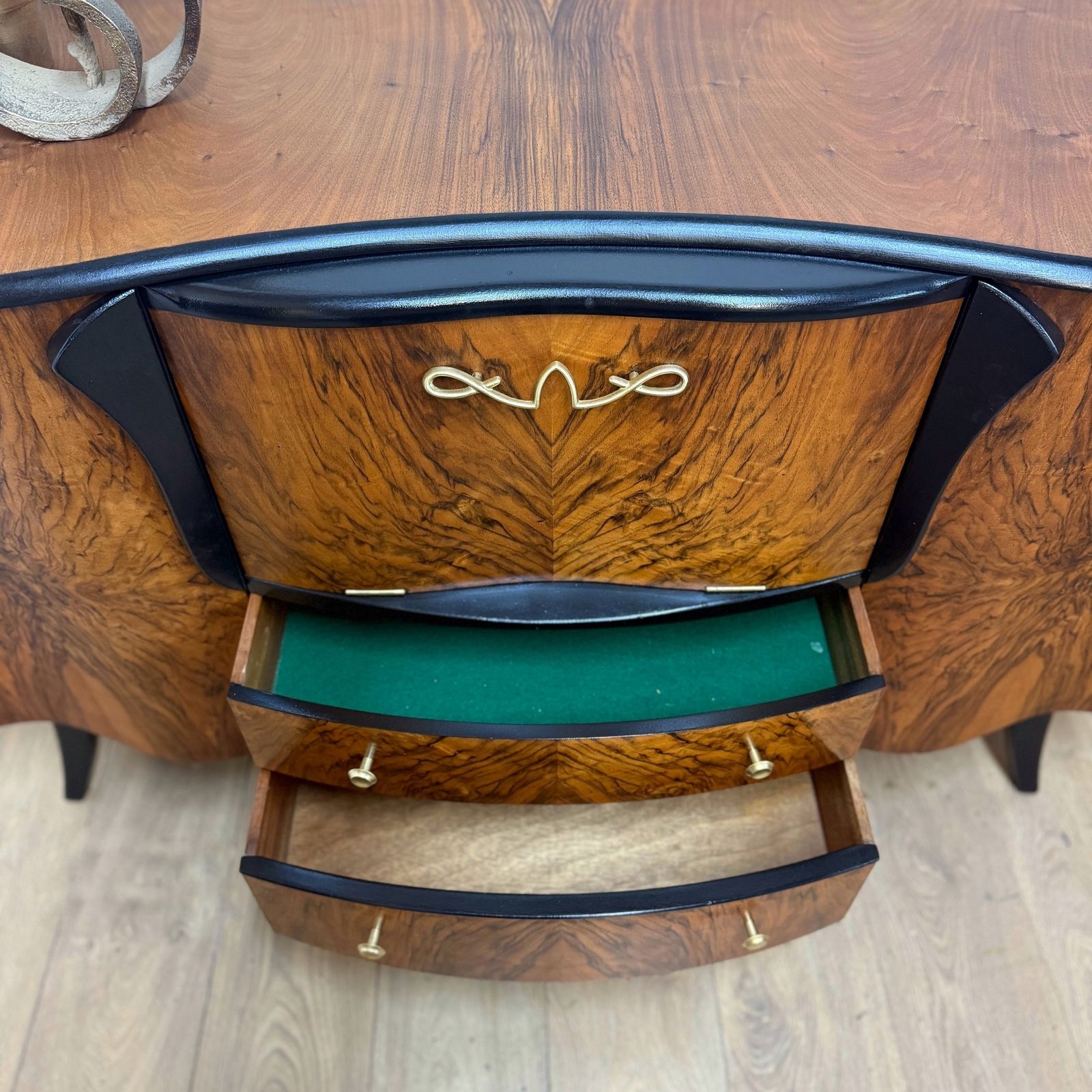 Refinished Walnut Art Deco Stonehill Cocktail Cabinet In Black, Hand Painted, Drinks, Gin Bar, Burr Walnut photo buy