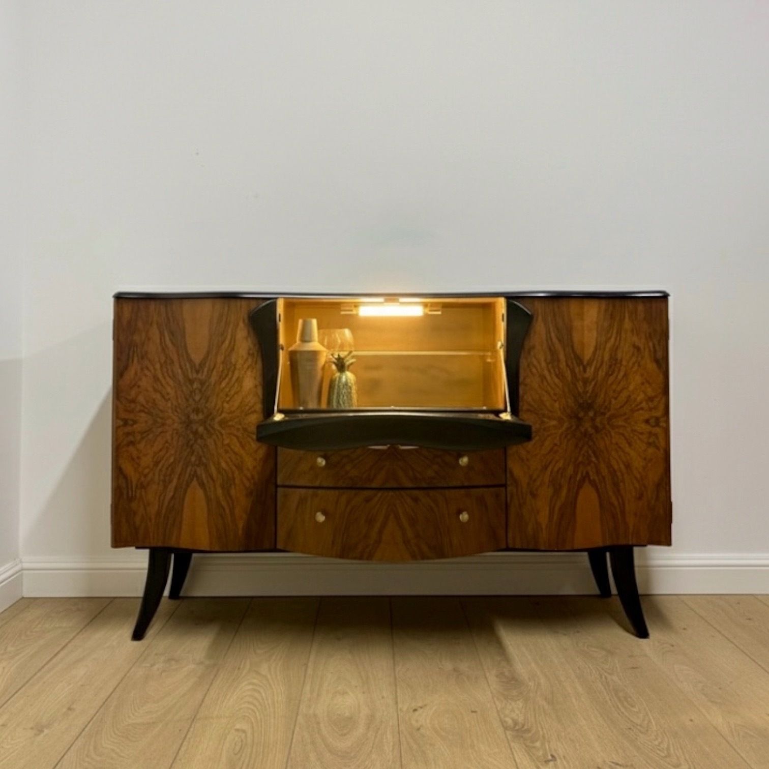 Refinished Walnut Art Deco Stonehill Cocktail Cabinet In Black, Hand Painted, Drinks, Gin Bar, Burr Walnut photo vintage