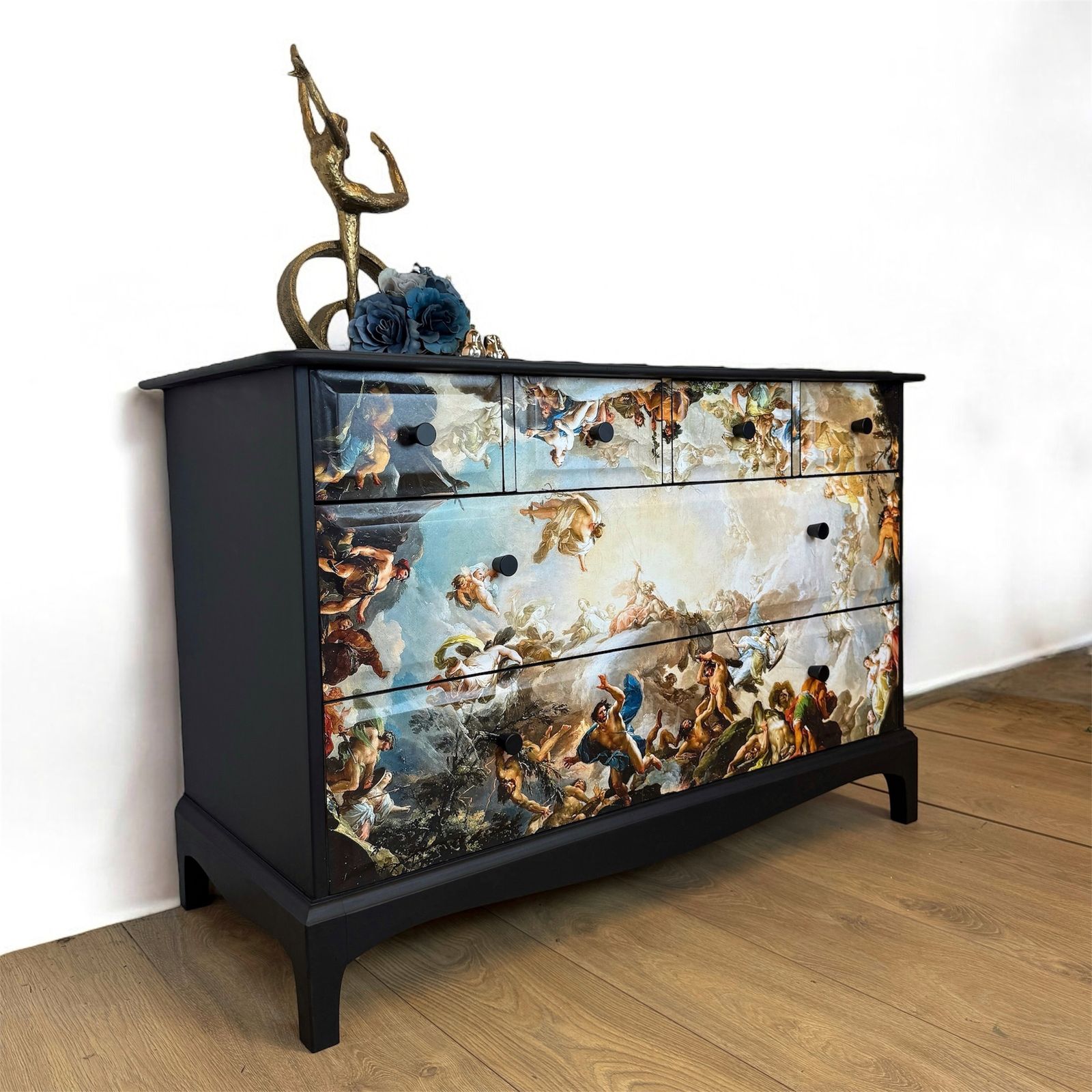 Stag Minstrel Chest Of Drawers Black With Renaissance Inspired Mural, Baroque Sideboard, Tv Stand, Sistine Chapel, Michelangelo photo for sale