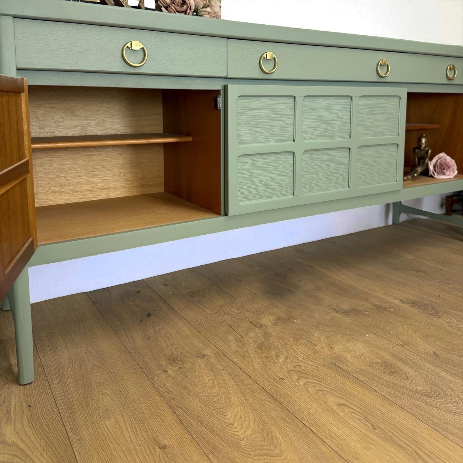 1455.0 Made To Order Mid Century Modern Sage Green Nathan Sideboard, Drinks, Cocktail, Eucalyptus photo