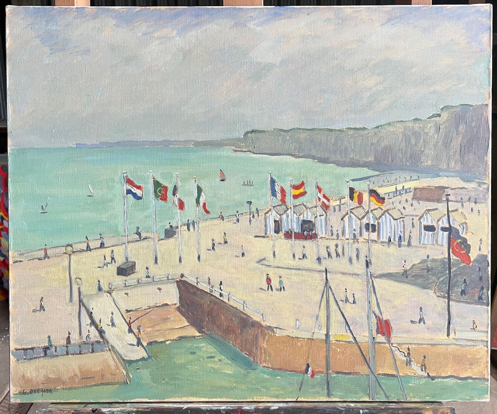Guy Pichon French Coastal Seaside Scene With Figures Flags And Bathing Huts Landscape 2002 photo for sale