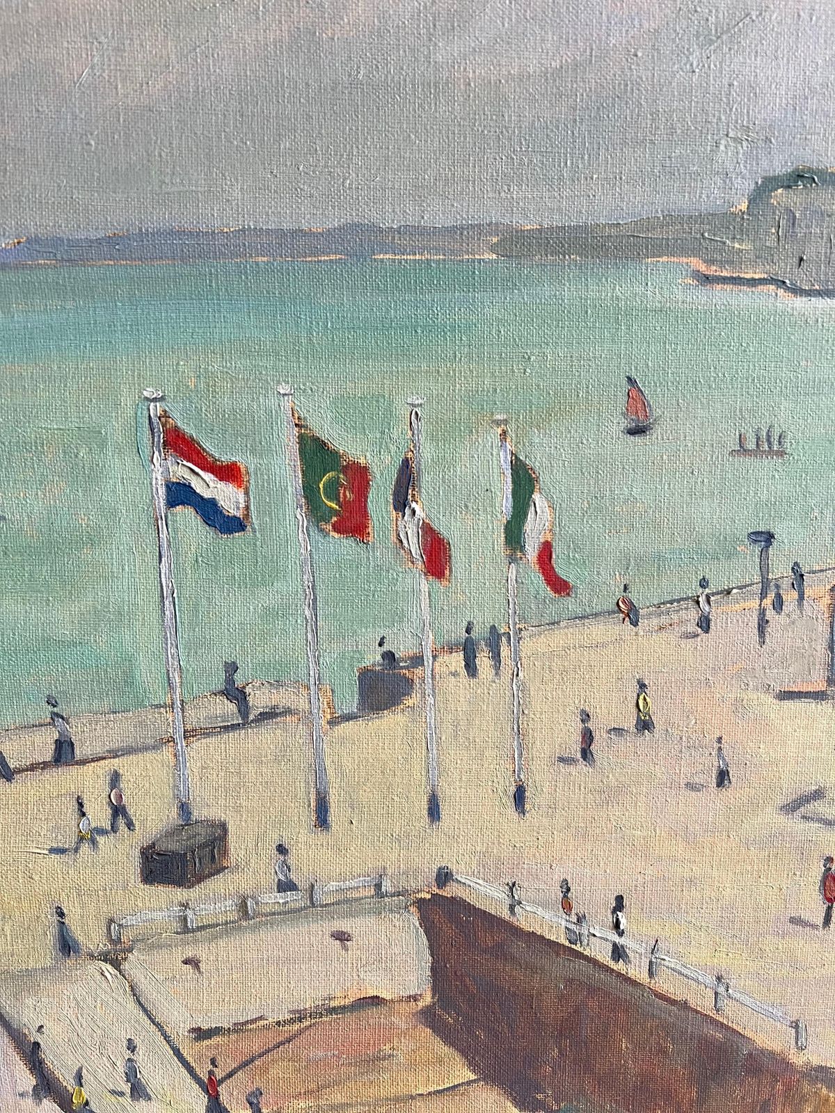 Guy Pichon French Coastal Seaside Scene With Figures Flags And Bathing Huts Landscape 2002 photo vinterior
