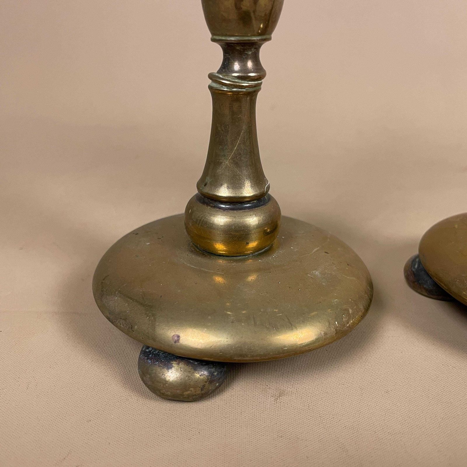 Antique Matching Pair Of Gold Brass Metal Candlestick Candle Stick Vintage Column Taper Dinner Candlesticks Round Base 3 Ball Feet Set photo vinterior
