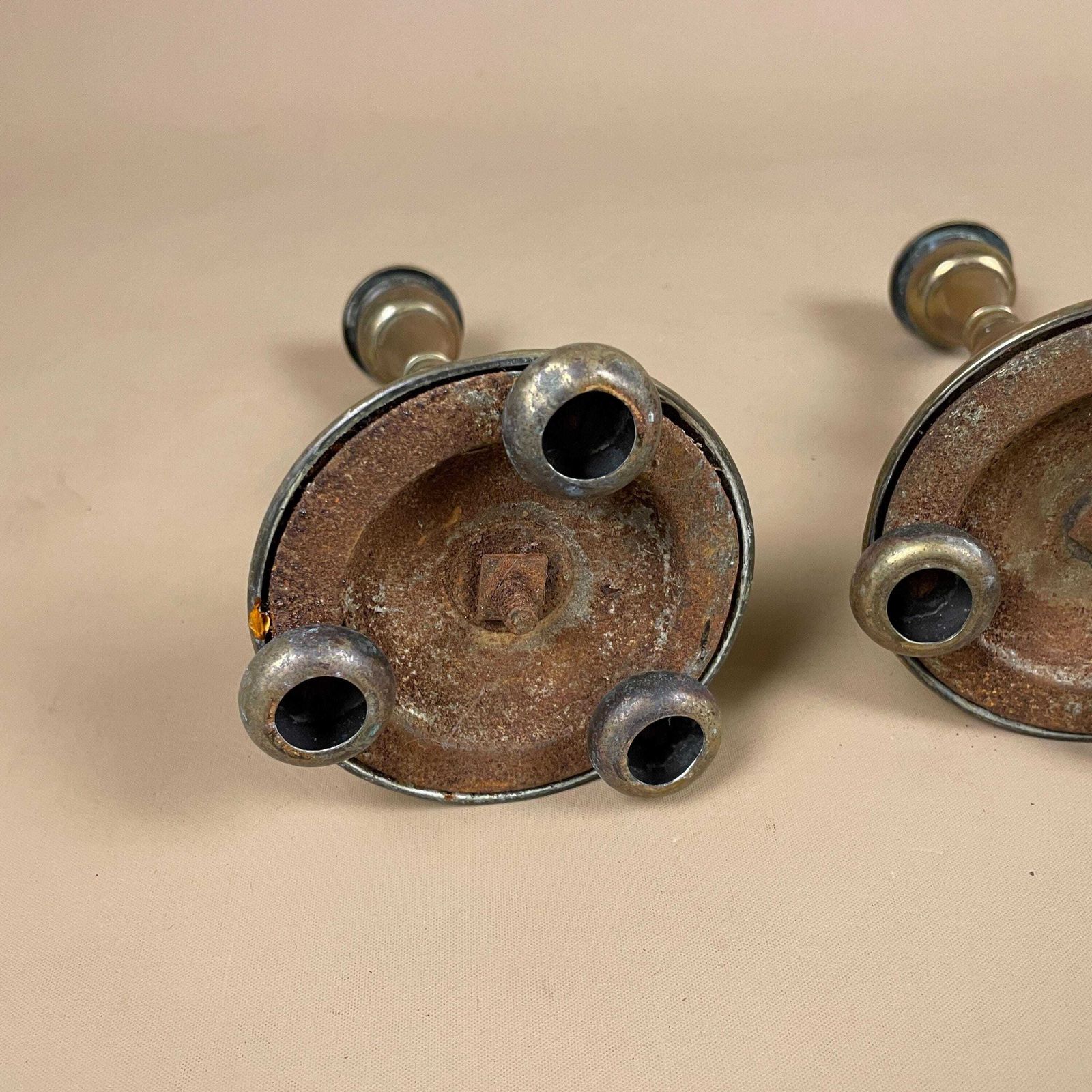 59.0 Antique Matching Pair Of Gold Brass Metal Candlestick Candle Stick Vintage Column Taper Dinner Candlesticks Round Base 3 Ball Feet Set photo