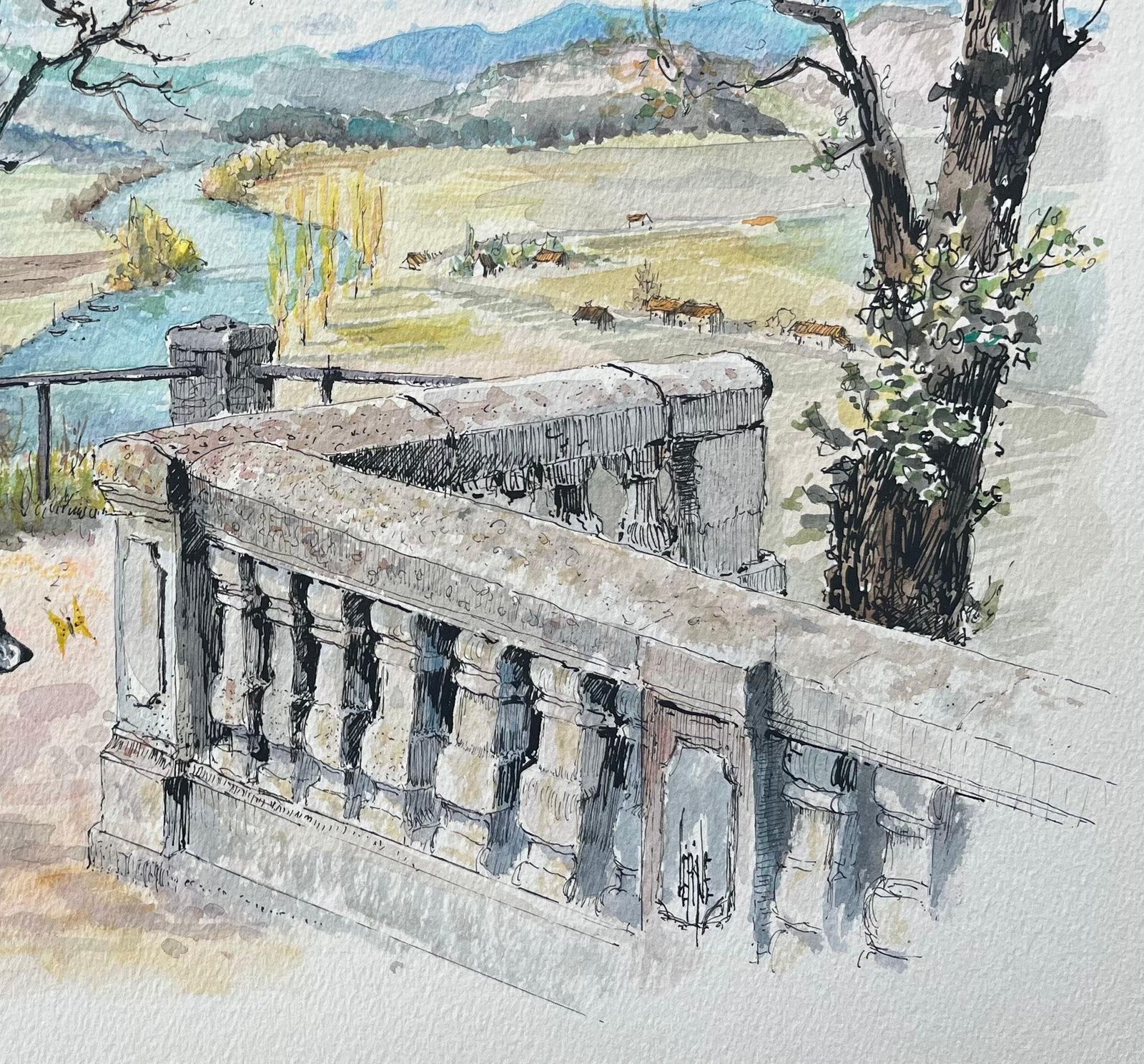 Robert Lepine (1929   2017) French Watercolor Painting Of Domme Panorama Overlooking Dordogne Valley 20th Century photo Art