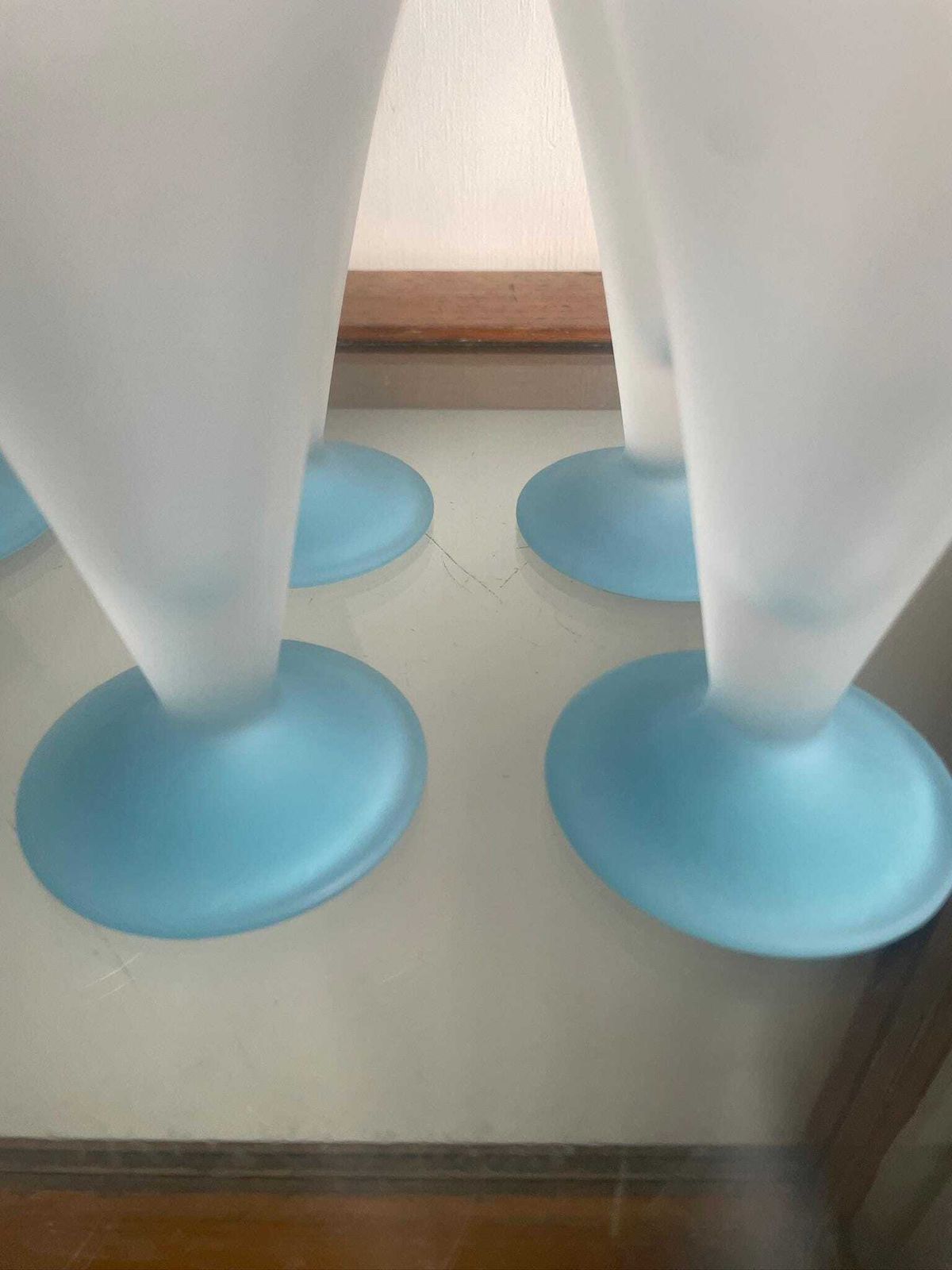 Set Of 6 Vintage 70s French Frosted Conical Cocktail Glasses Blue Base photo vintage