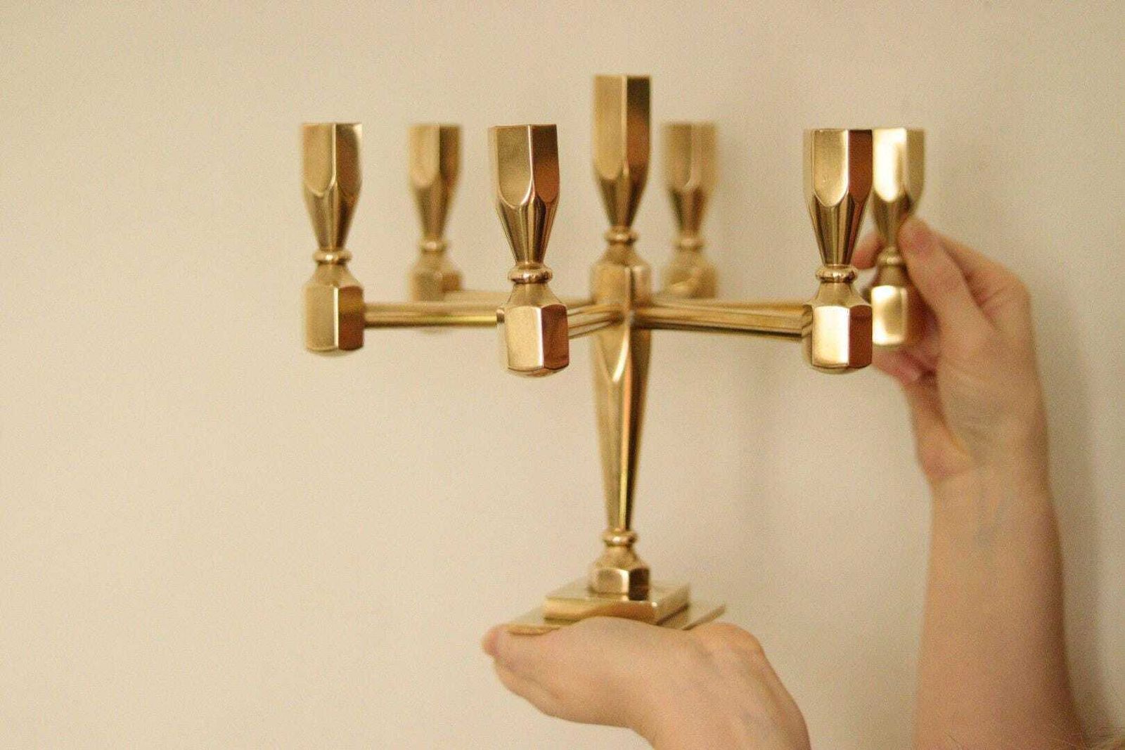 Swedish Vintage Brass Seven Arm Candelabra By Gusum