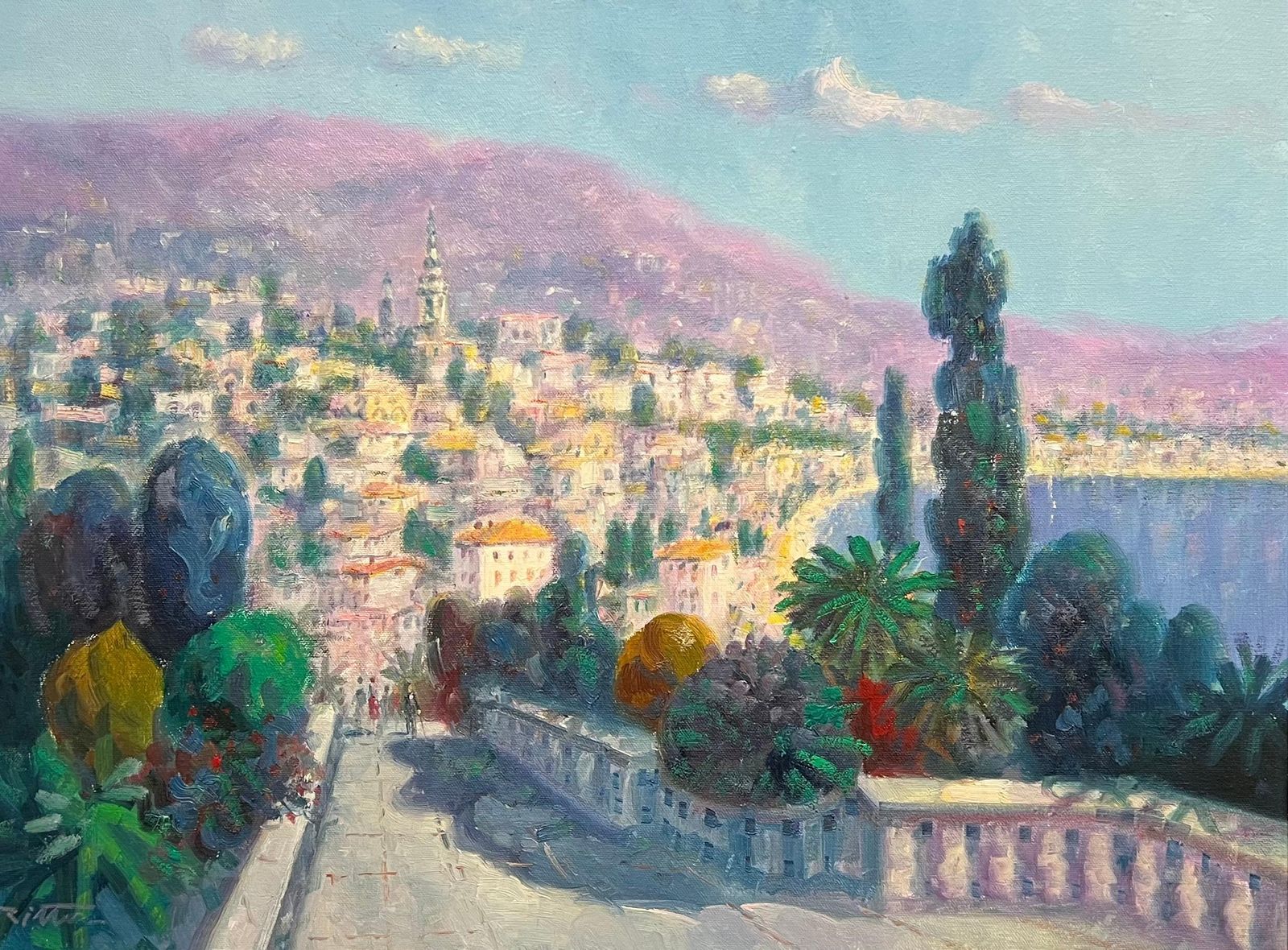 Laszlo Ritter Impressionist Signed Oil Painting Menton French Riviera Cote D'azur Landscape 20th Century photo furniture