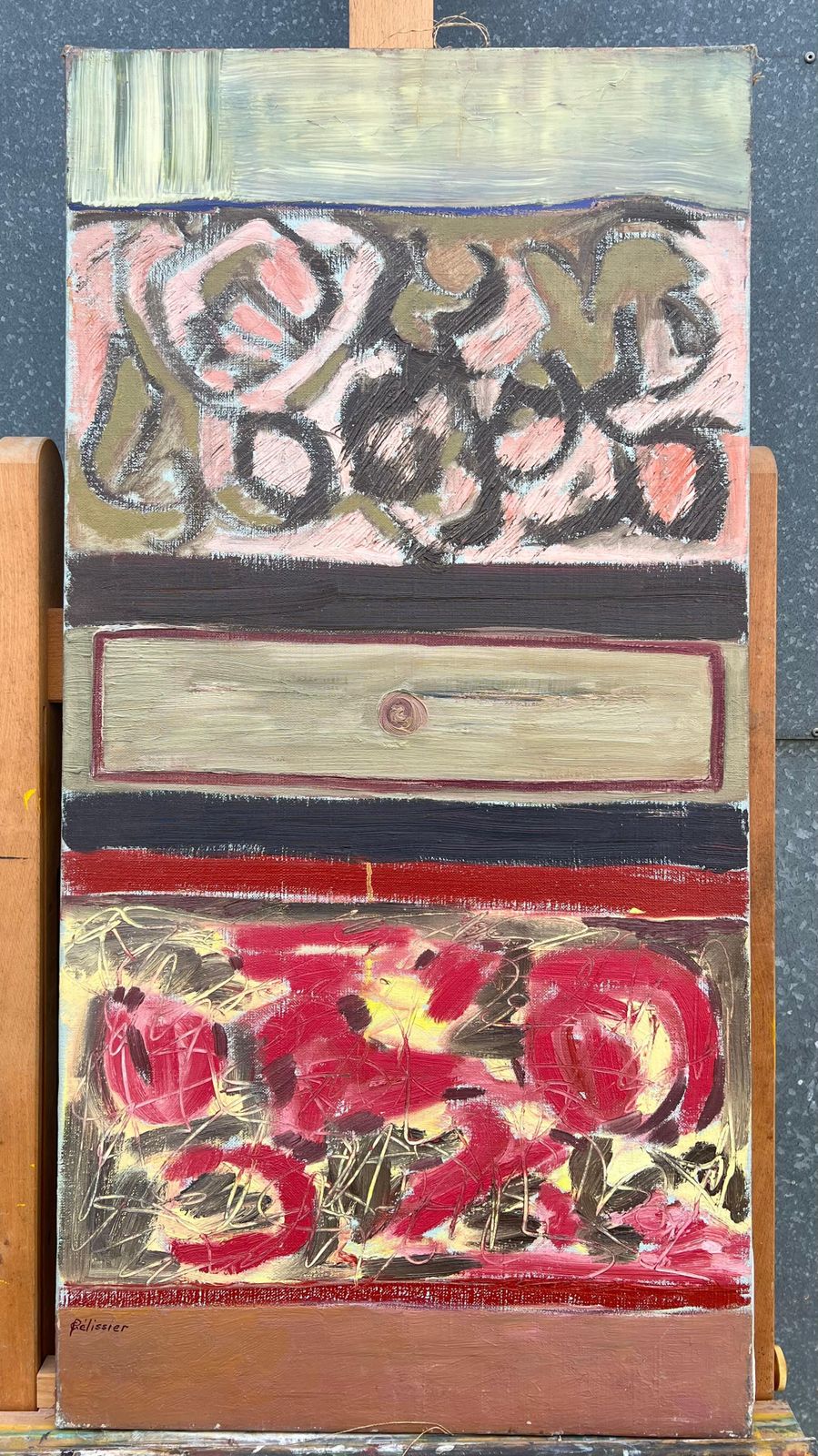 Gilbert Pelissier 1960's French Large Oil Layers Of Expression Textured Abstract Red & Yellows photo furniture