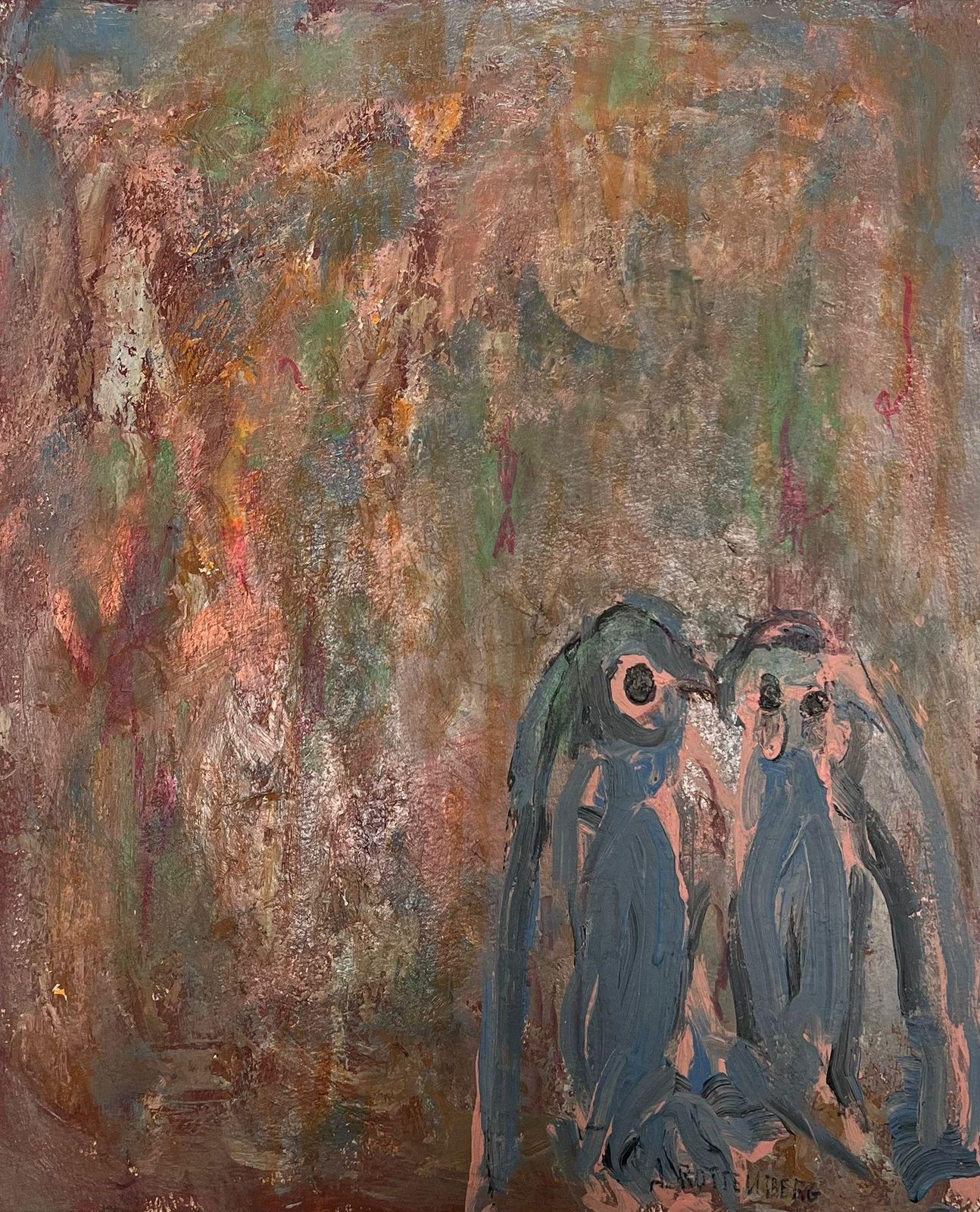 Armand Rottenberg Abstract Expressionist Painting Of Two Penguins Whimsical Companions Oil