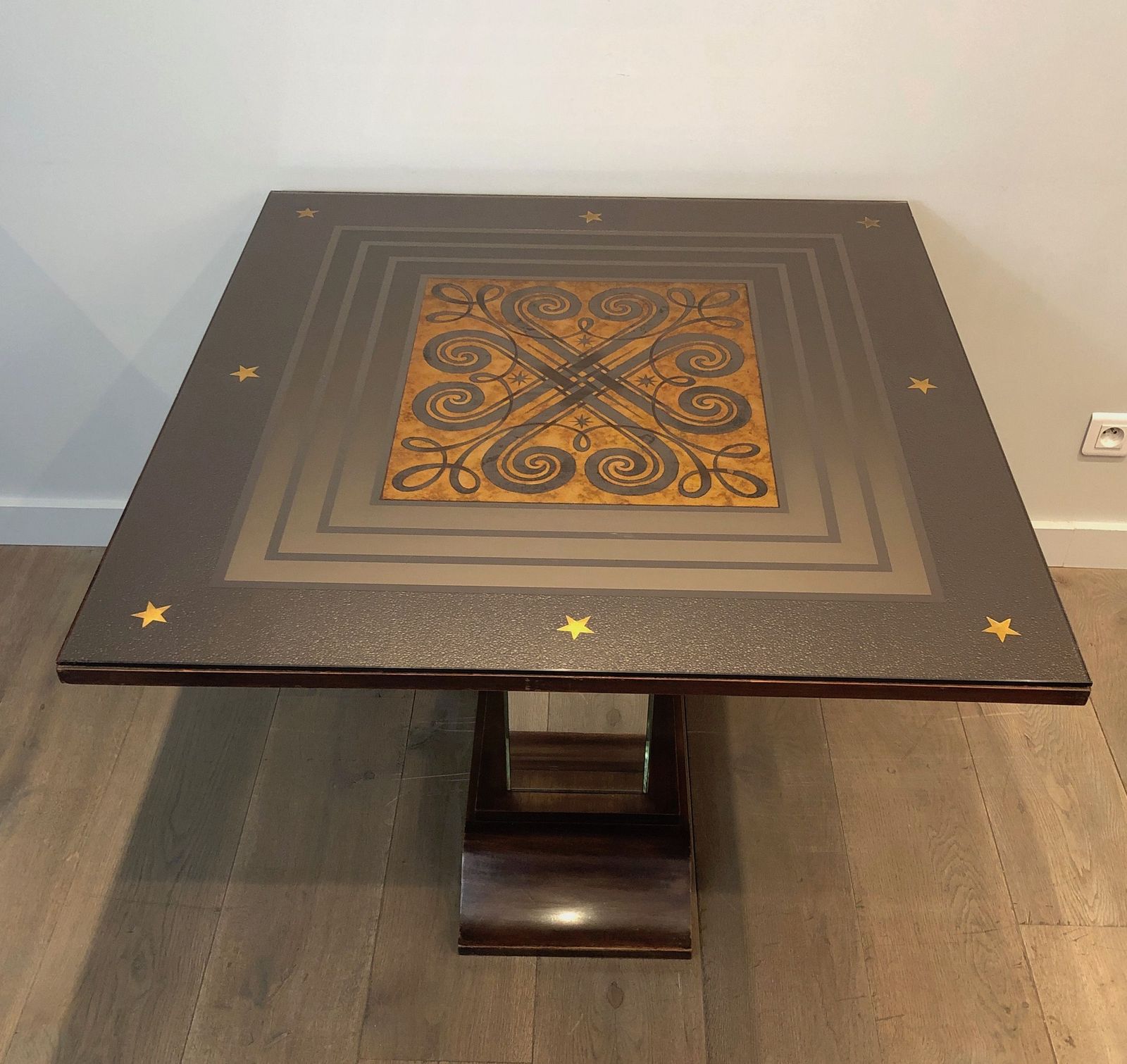 photo vinterior Art Deco Center Table With An églomisé Mirror Top In The Style Of Jules Leleu And Max Ingrand