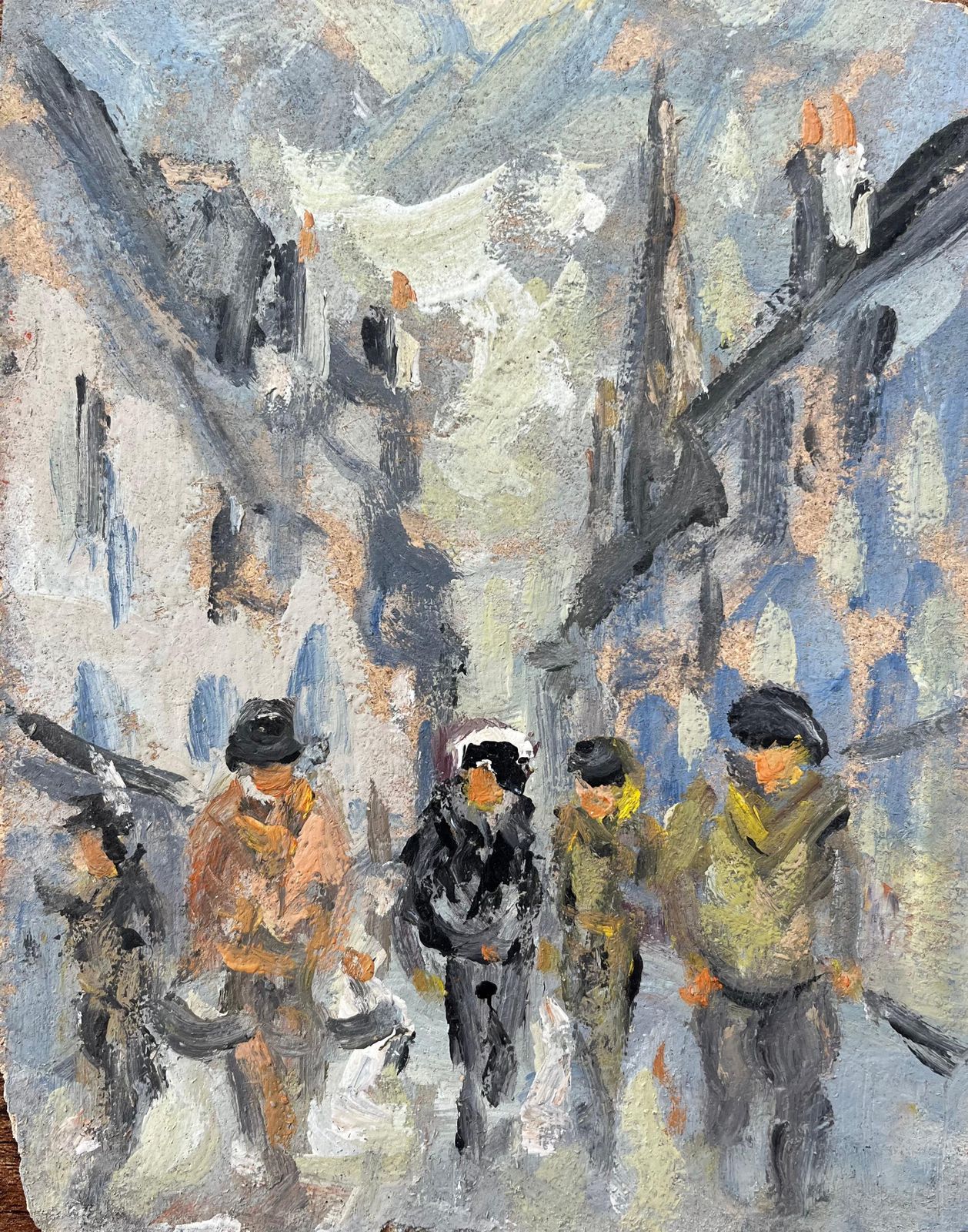 Fanch Lel French Impressionist Oil Painting Of Figures Strolling Through A Village Lane