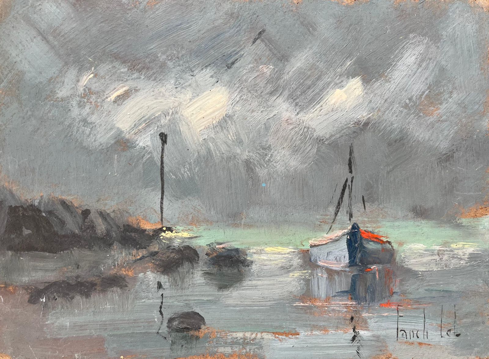 Fanch Lel French Impressionist Oil Painting Of Coastal Scene With Boat At Anchor