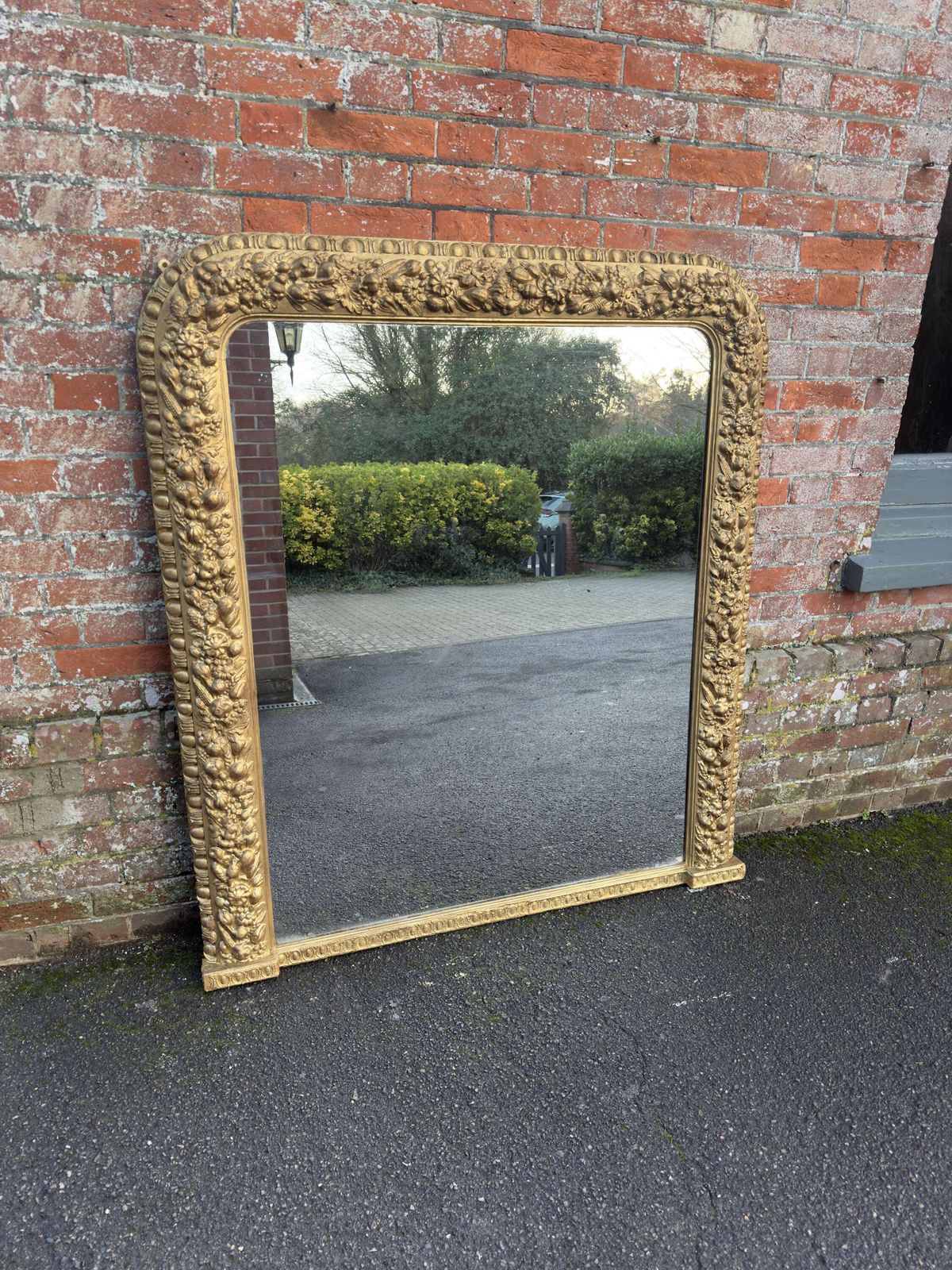 A Superb Large Antique English 19th C Arched Top Gilt Ornate Framed Overmantle Mirror.