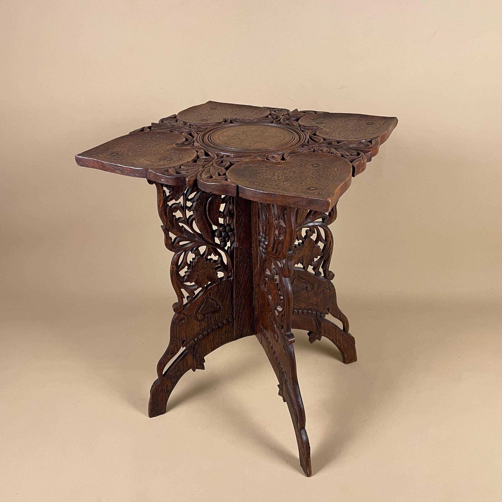 Indian Wooden Table Decorative Intricate Patterned Gold Inlay Top Hand Crafted Square Vintage Antique Asian Plant Stand Carved Pattern Wood photo furniture