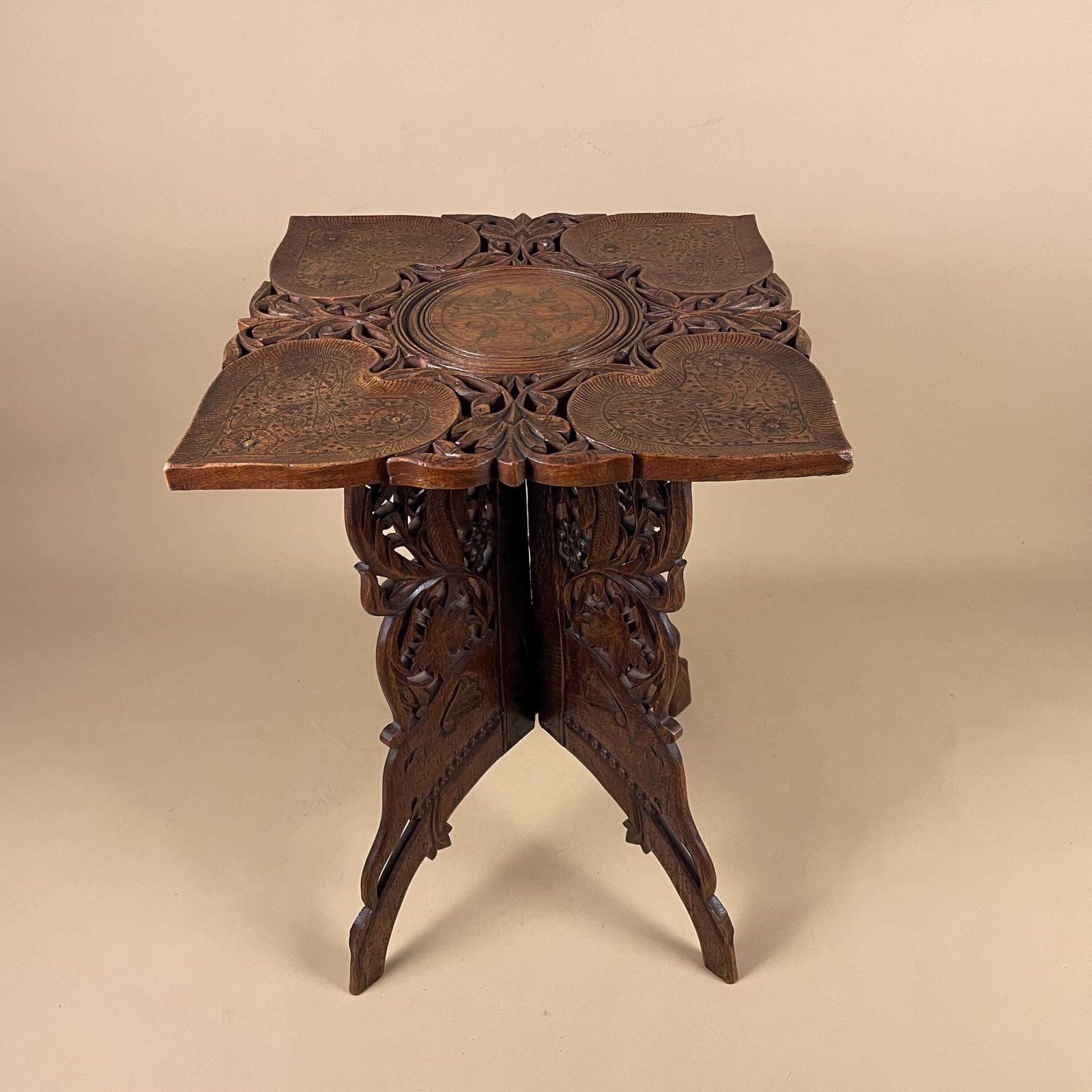 Indian Wooden Table Decorative Intricate Patterned Gold Inlay Top Hand Crafted Square Vintage Antique Asian Plant Stand Carved Pattern Wood photo 225.0