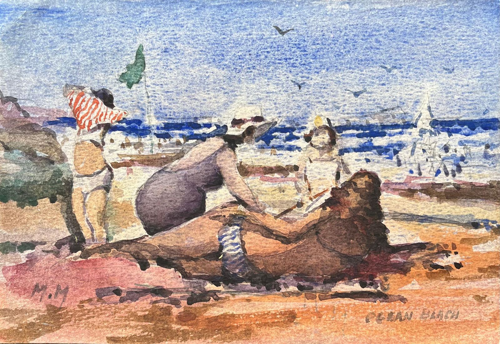 Maurice Mazeilie French Impressionist Watercolor Of Families Enjoying Ocean Beach