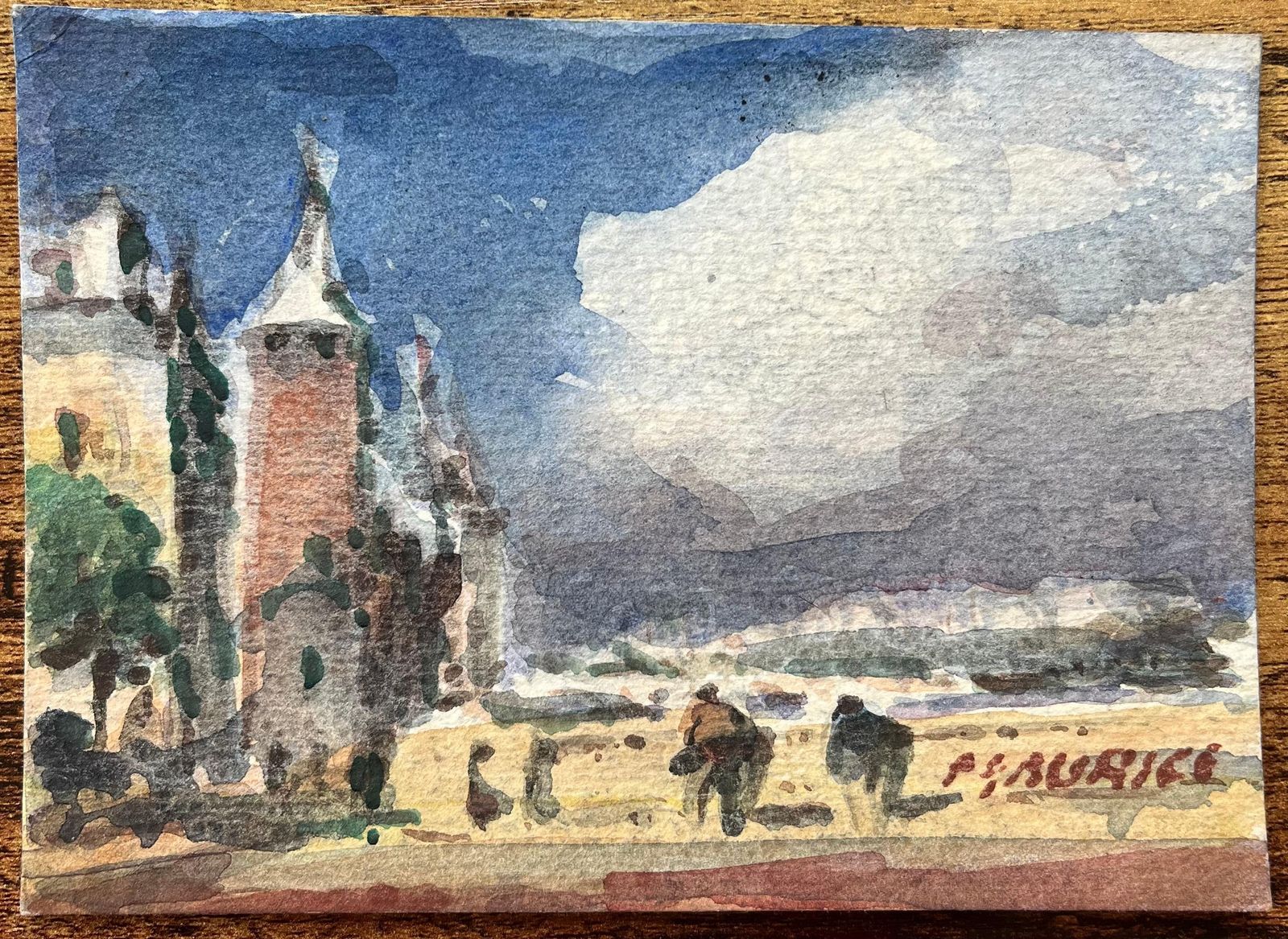 Maurice Mazeilie French Impressionist Watercolor Of Figures Walking Along A Bridge By Tower photo furniture