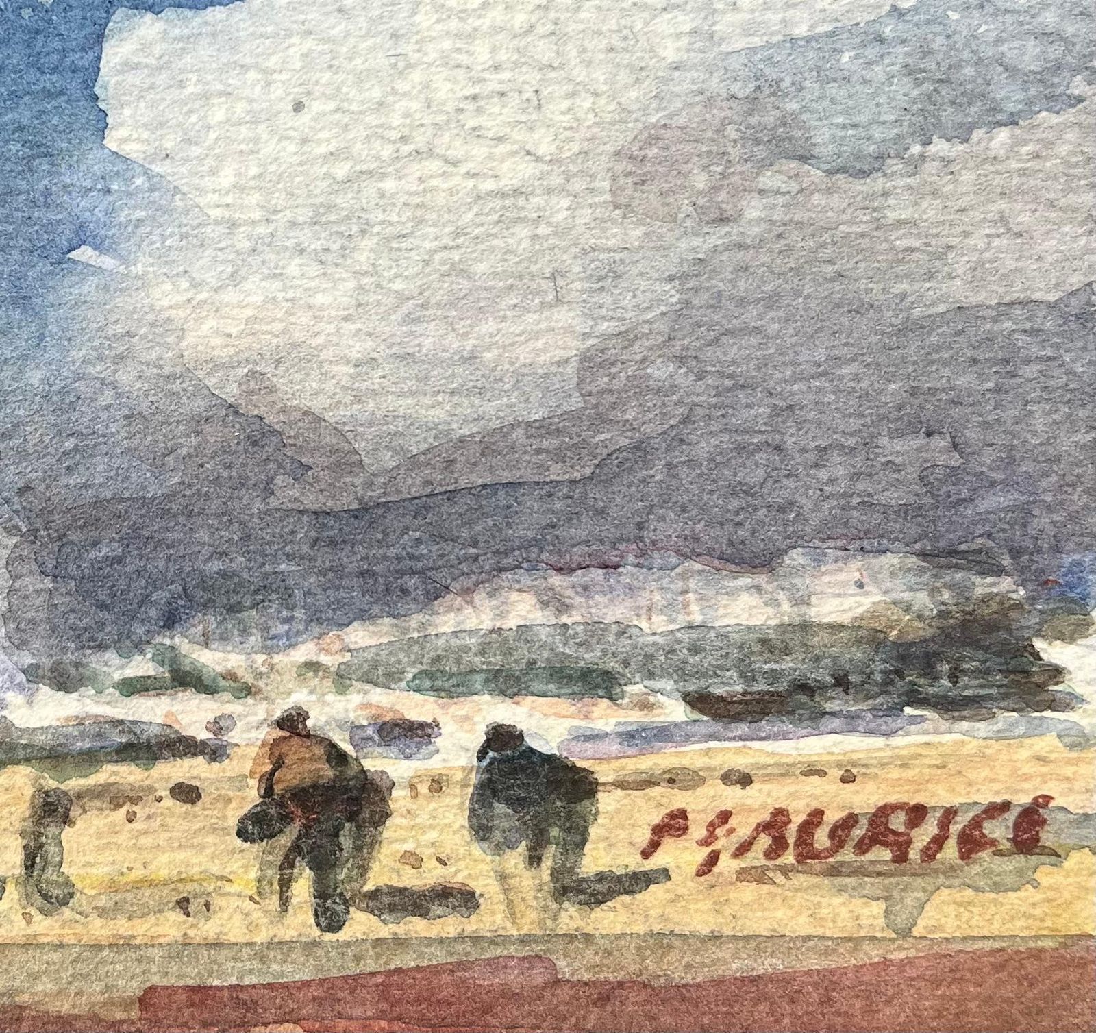 Maurice Mazeilie French Impressionist Watercolor Of Figures Walking Along A Bridge By Tower photo for sale