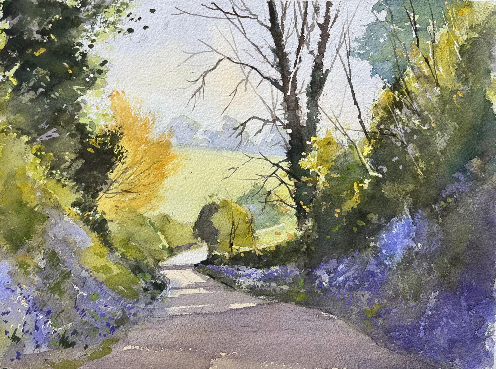 Anthony Avery British Impressionist Watercolor Of A Country Lane With Spring Bluebells