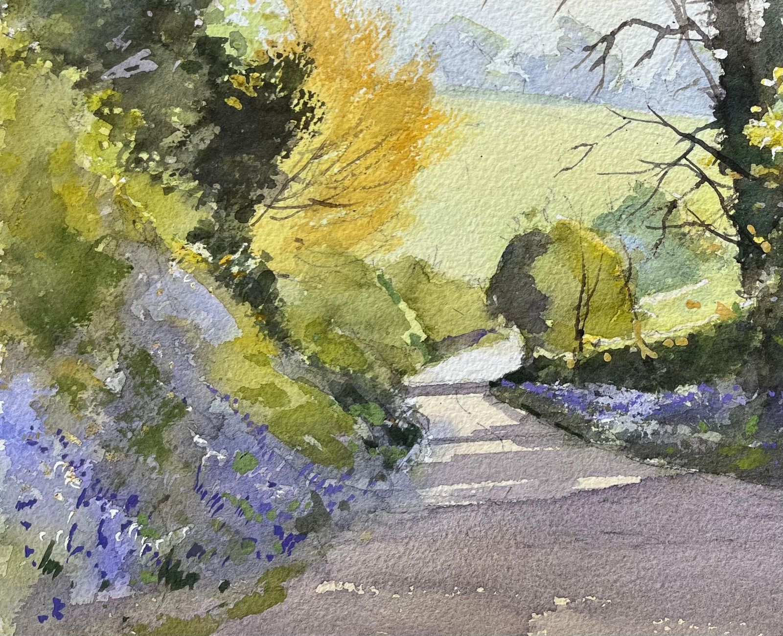 Anthony Avery British Impressionist Watercolor Of A Country Lane With Spring Bluebells photo for sale