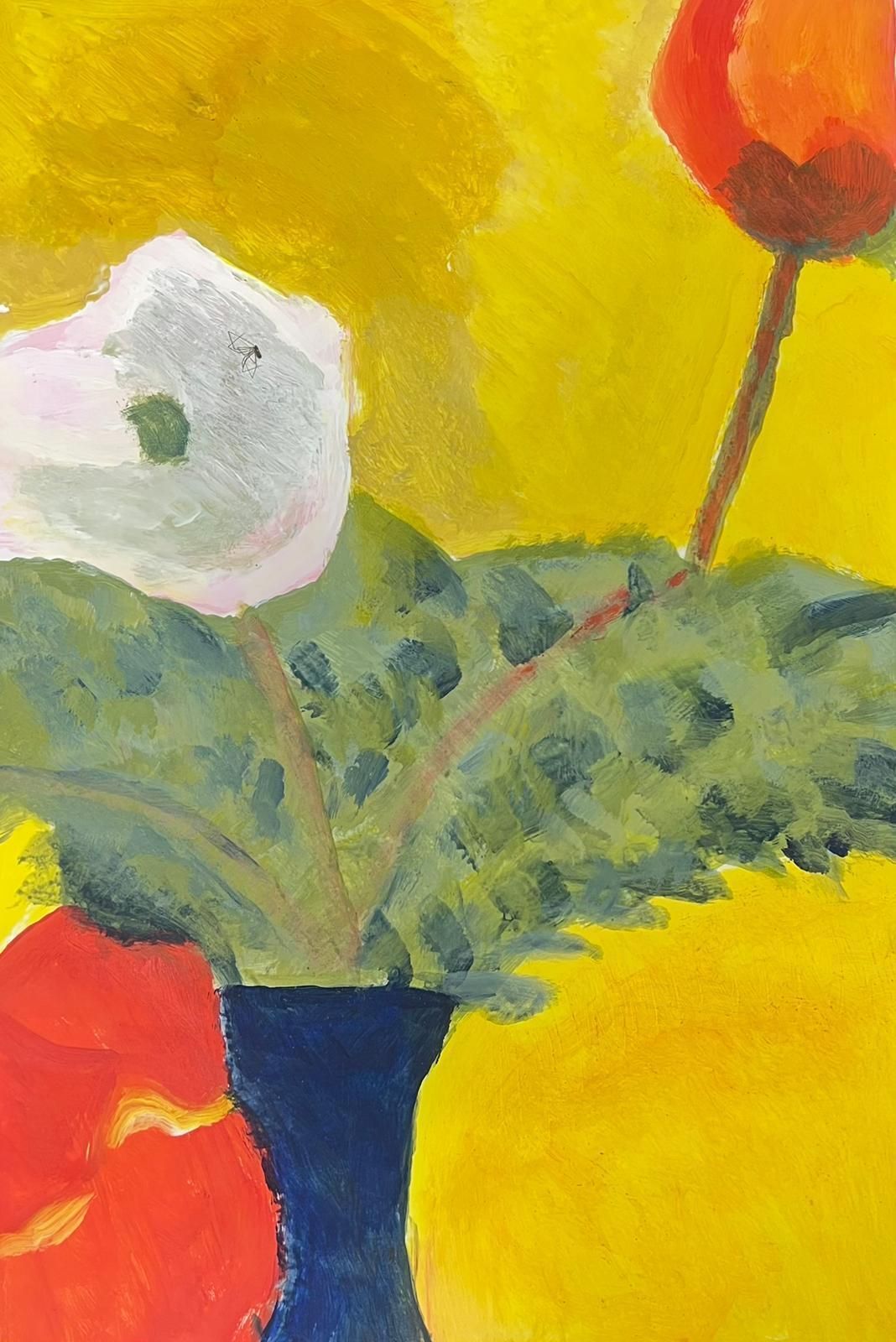 Modern Floral Still Life Painting With Bold Yellow Background