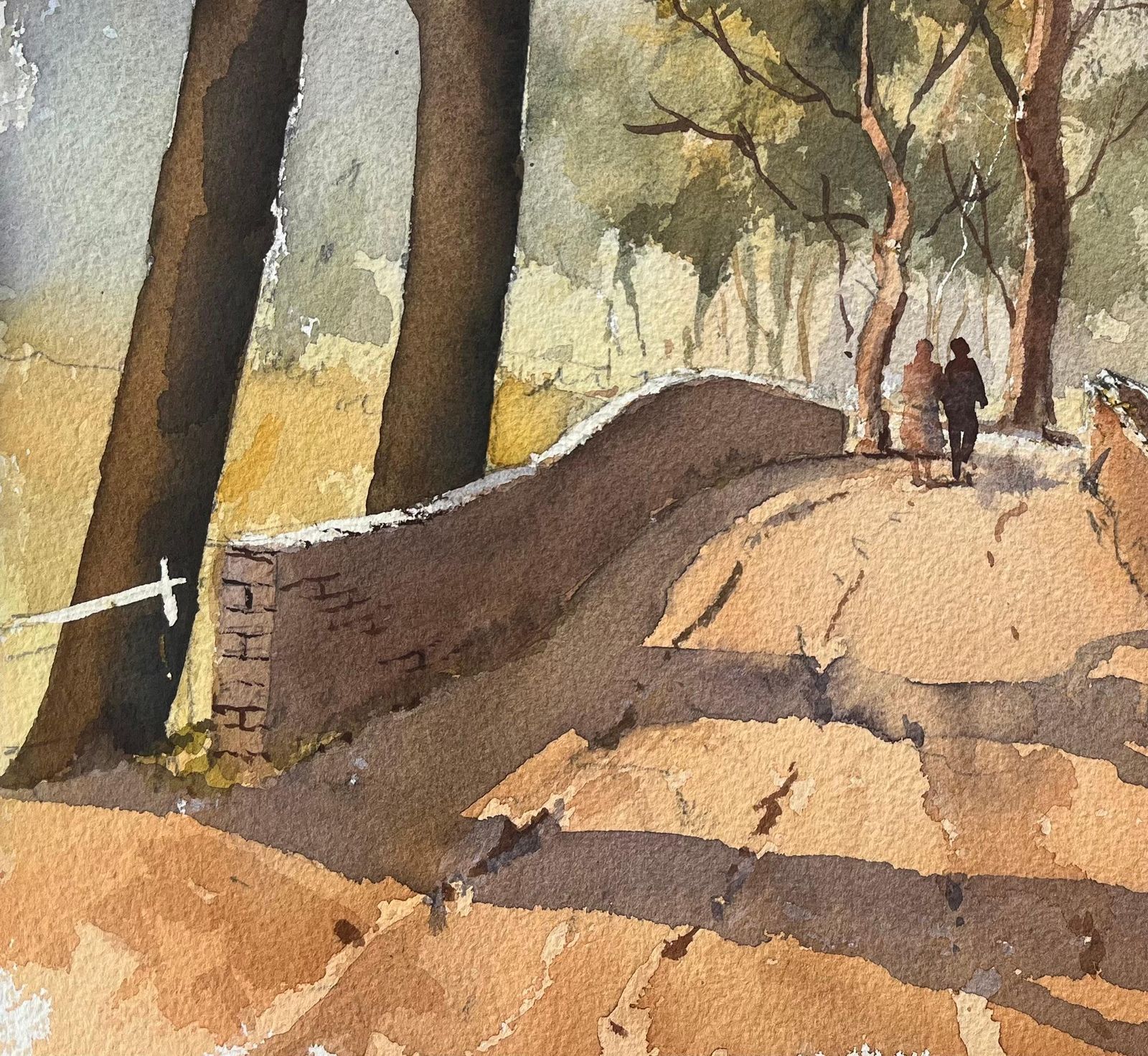 British Impressionist Watercolor Of Countryside Walk Over A Stone Bridge photo vinterior
