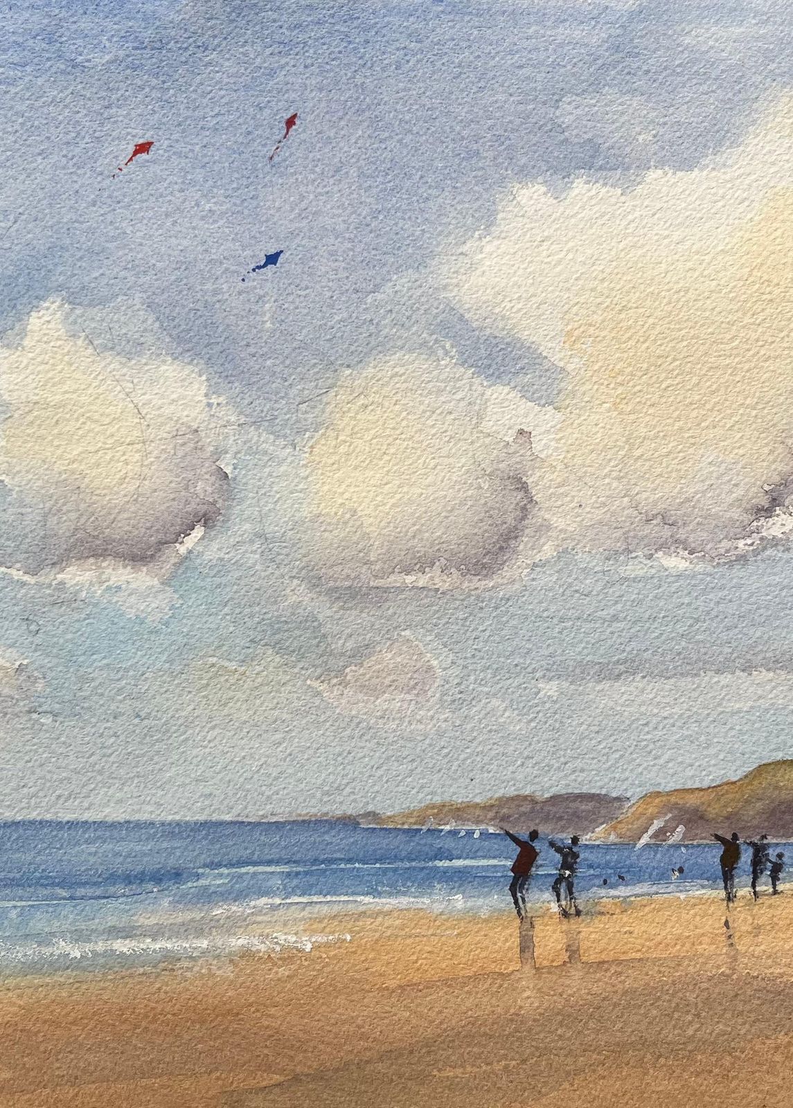 British Impressionist Watercolor Of A Coastal Scene With Kite Flyers photo for sale