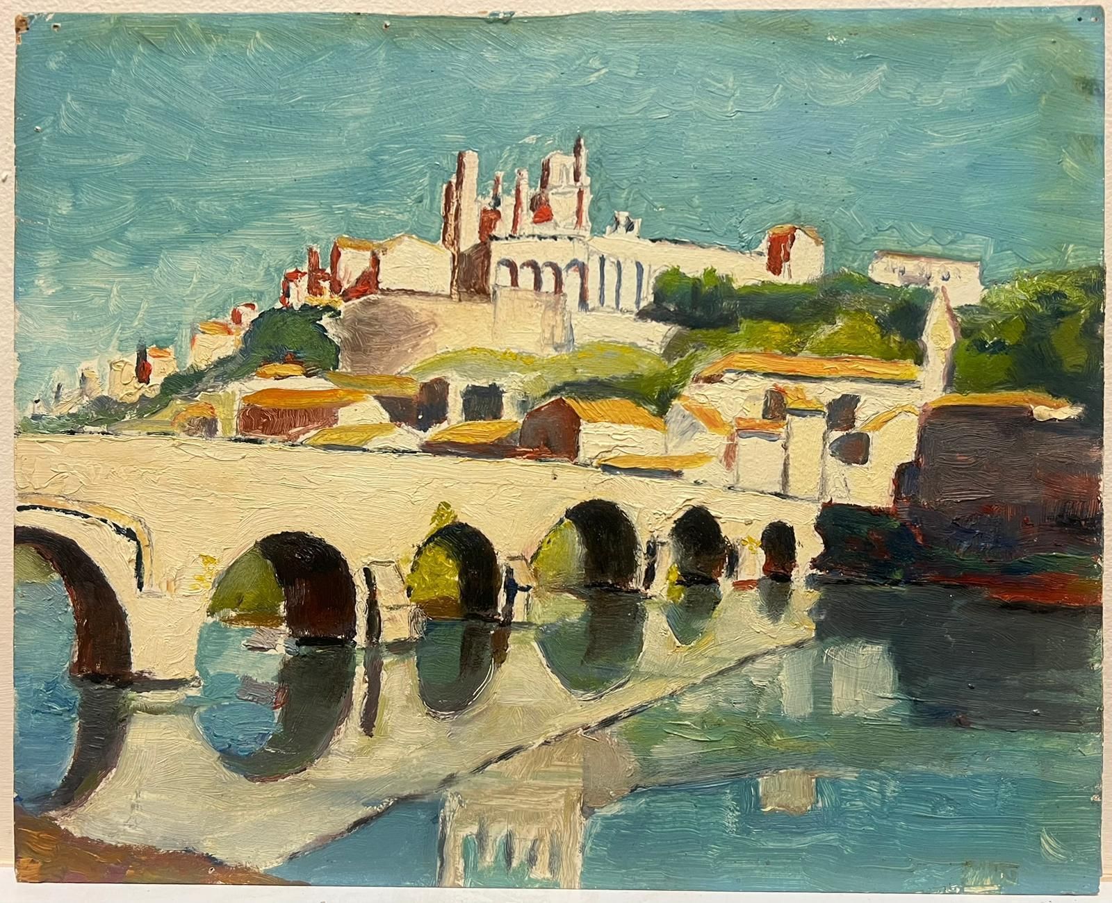 Leon Dupin Vintage French Oil Sunlit Reflections Riverside View Historic Bridge Cityscape Mid 20th Century photo furniture