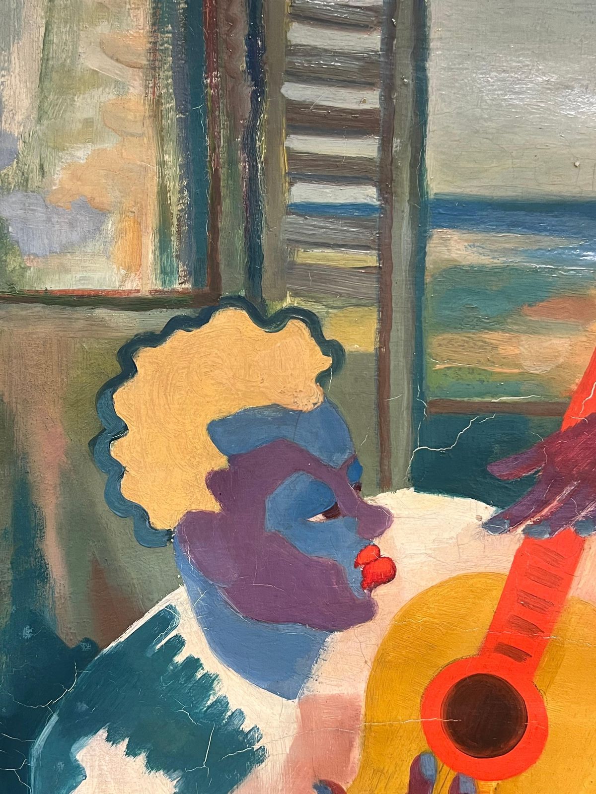 Vibrant Cubist Portrait Of A Musician With Guitar Mid 20th Century Painting photo Art